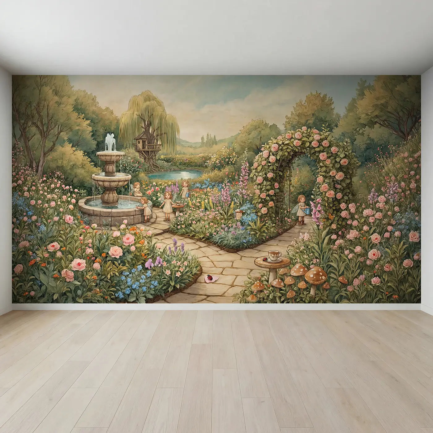 Full view of Fairy Spring Garden Bloom Wallpaper Mural by Whimsy Tots