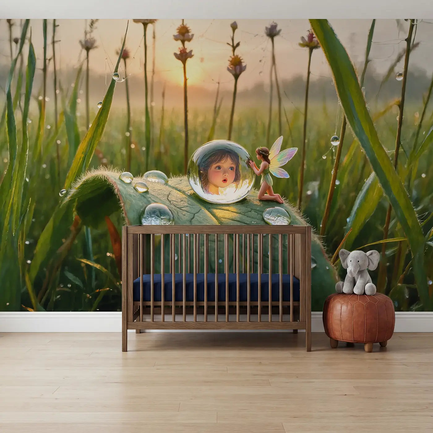 soft pastel fairy dewdrop mirror morning wallpaper mural for kids room by Whimsy Tots
