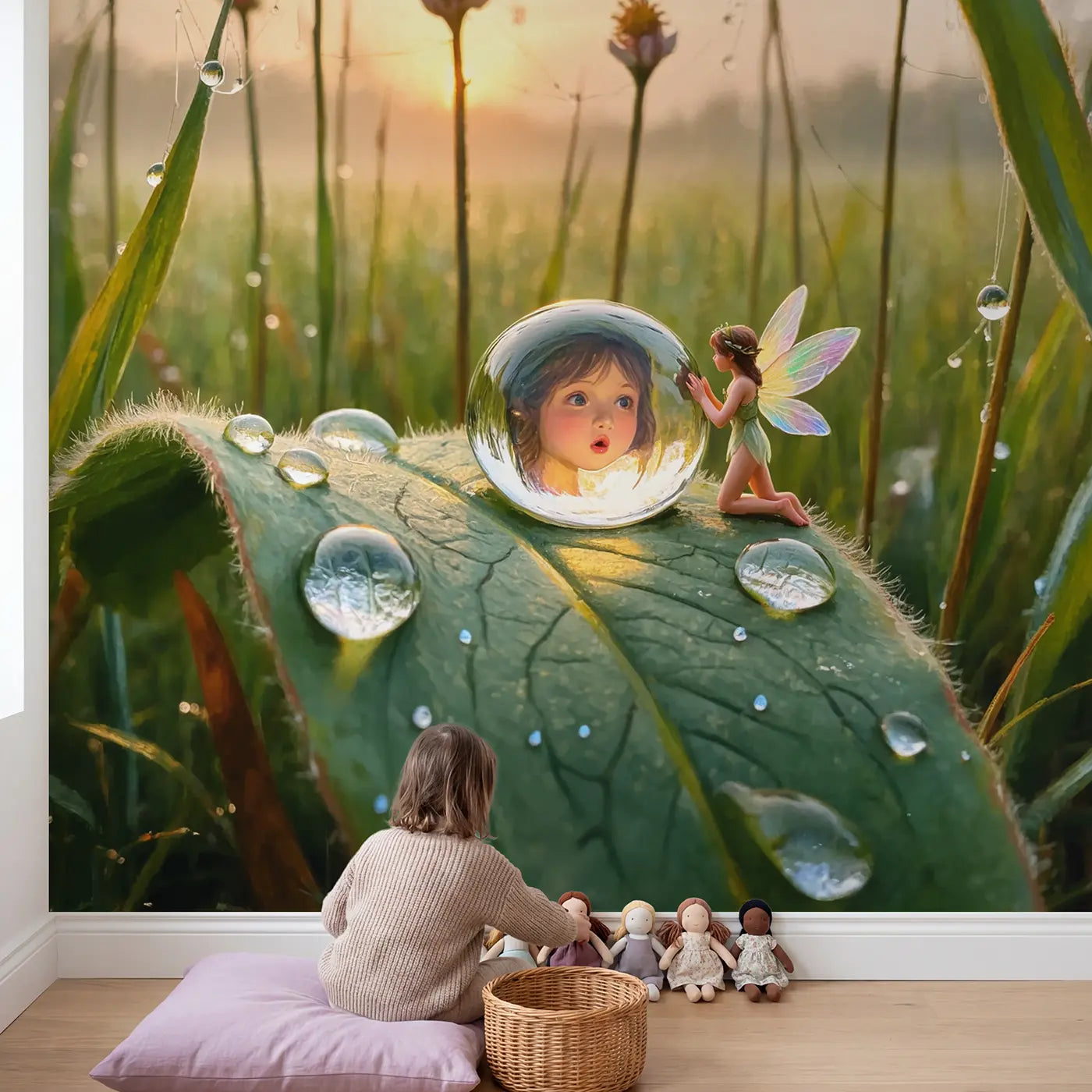 Child in nursery with Fairy Dewdrop Mirror Morning Wallpaper Mural by Whimsy Tots