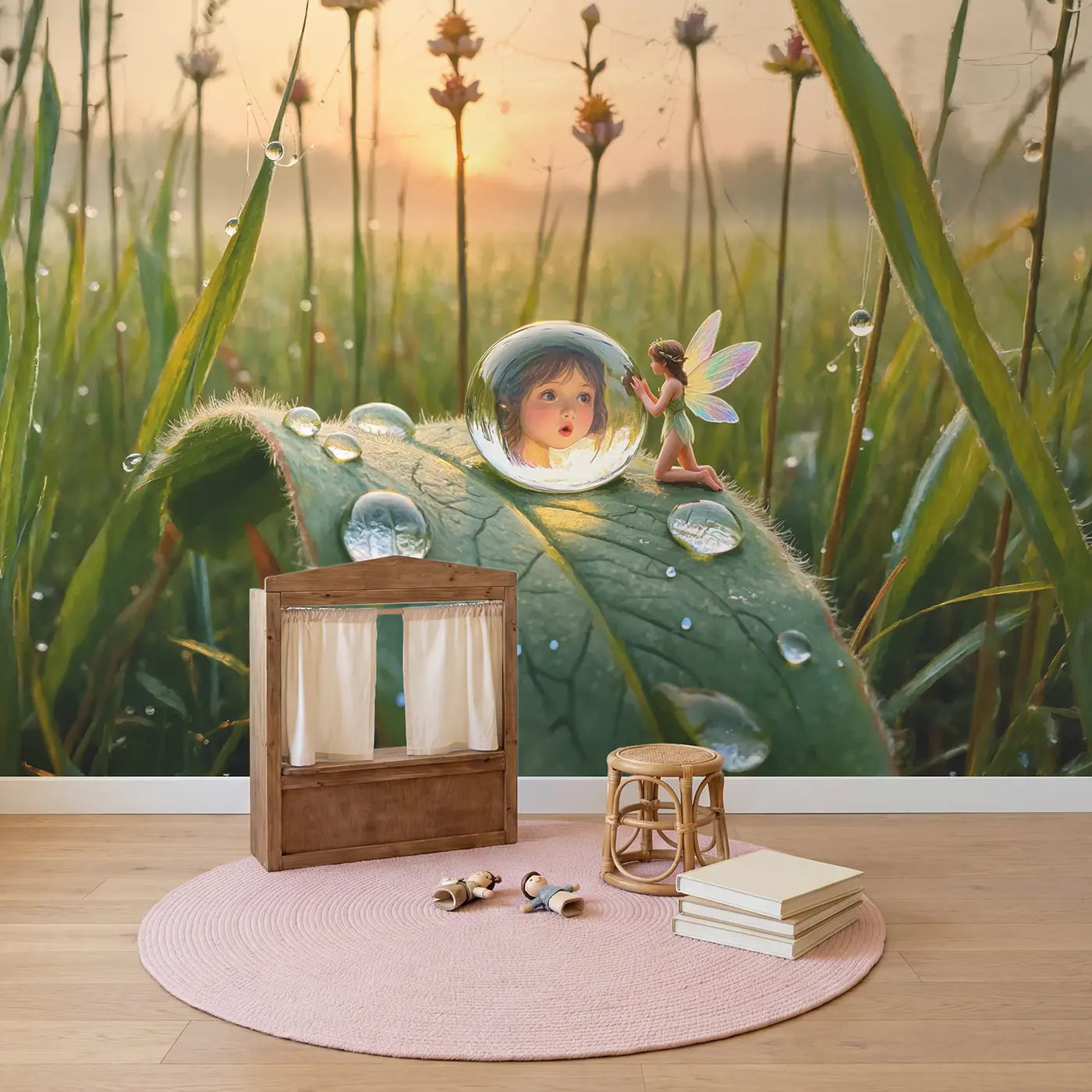 Fairy Dewdrop Mirror Morning Wallpaper Mural in playroom setting by Whimsy Tots