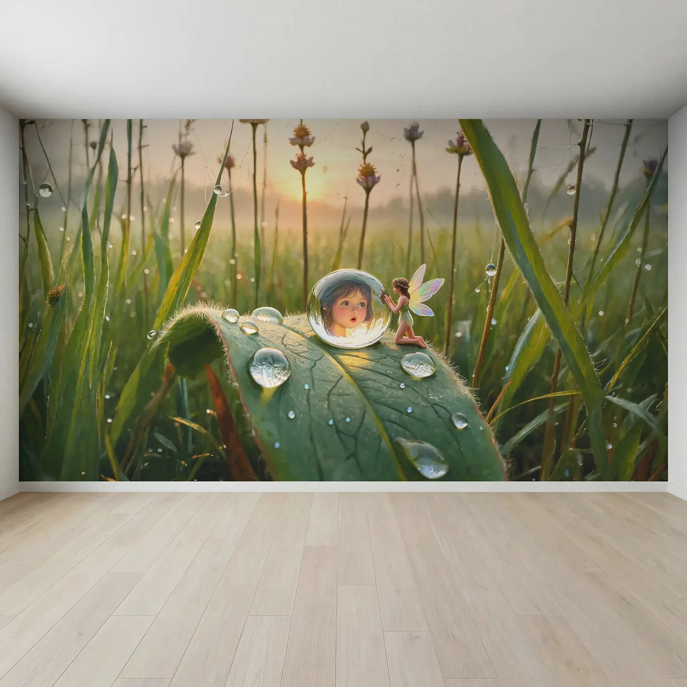Full view of Fairy Dewdrop Mirror Morning Wallpaper Mural by Whimsy Tots