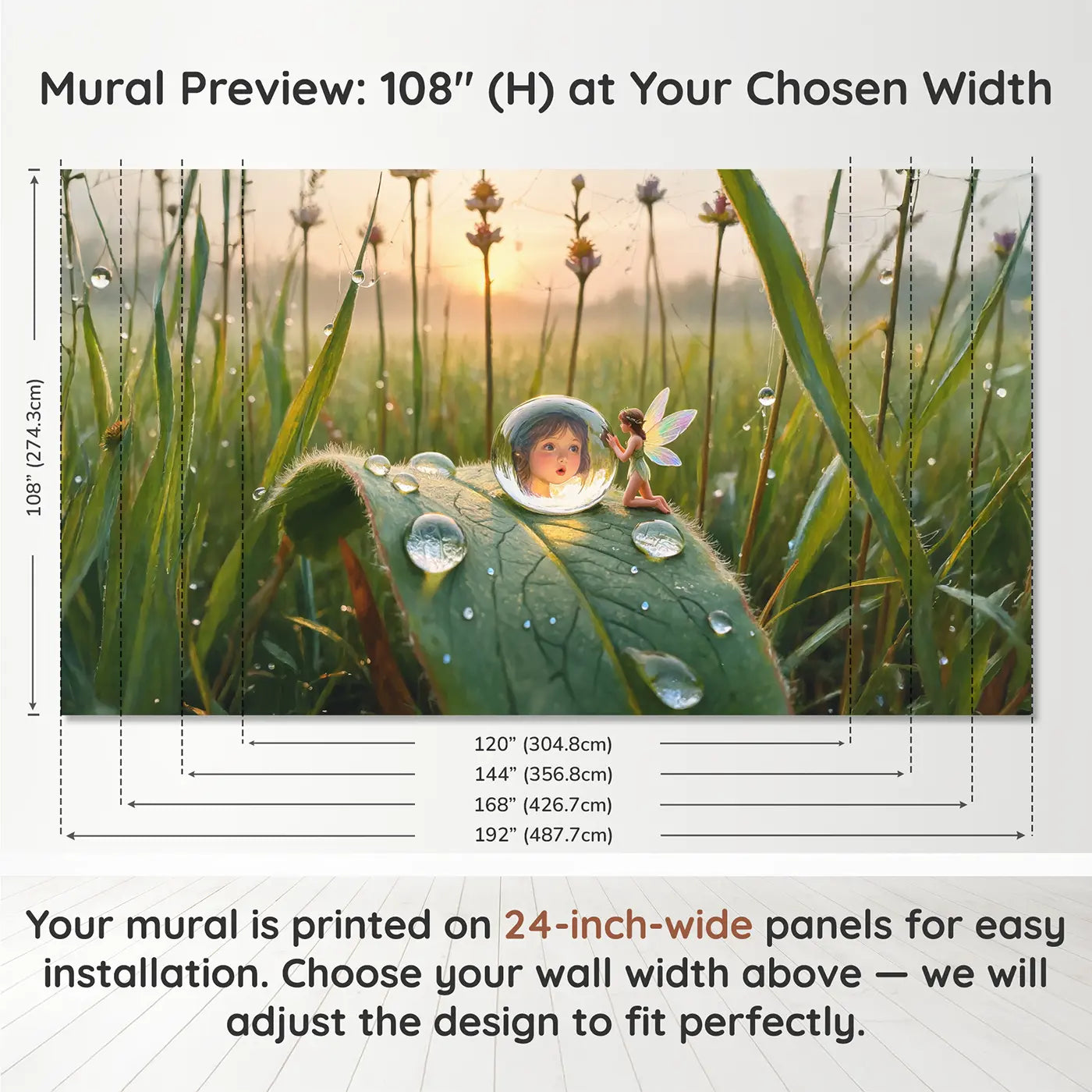 Panel layout and dimensions for Fairy Dewdrop Mirror Morning Wallpaper Mural by Whimsy Tots