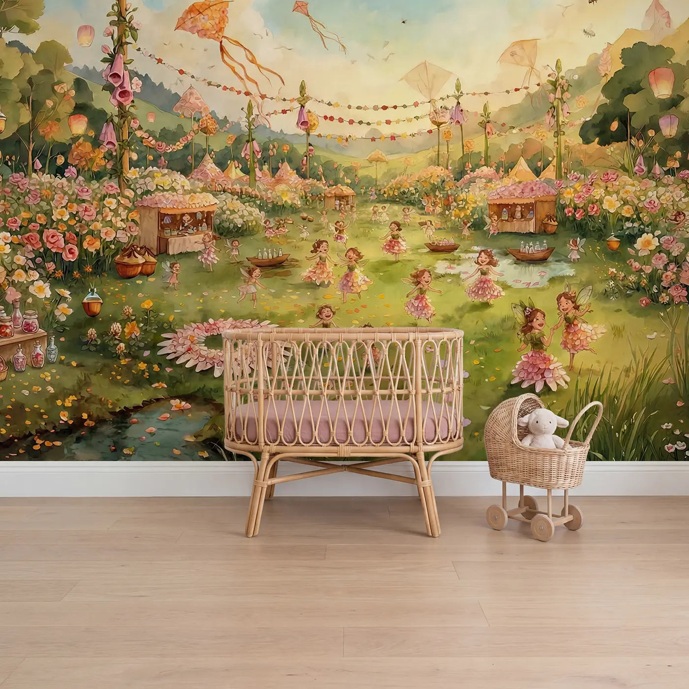 watercolor fairy flower festival mural for girls nursery by Whimsy Tots