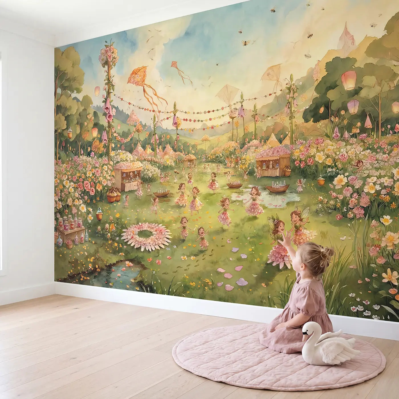 Child in nursery with Fairy Flower Festival Panorama Wallpaper Mural by Whimsy Tots