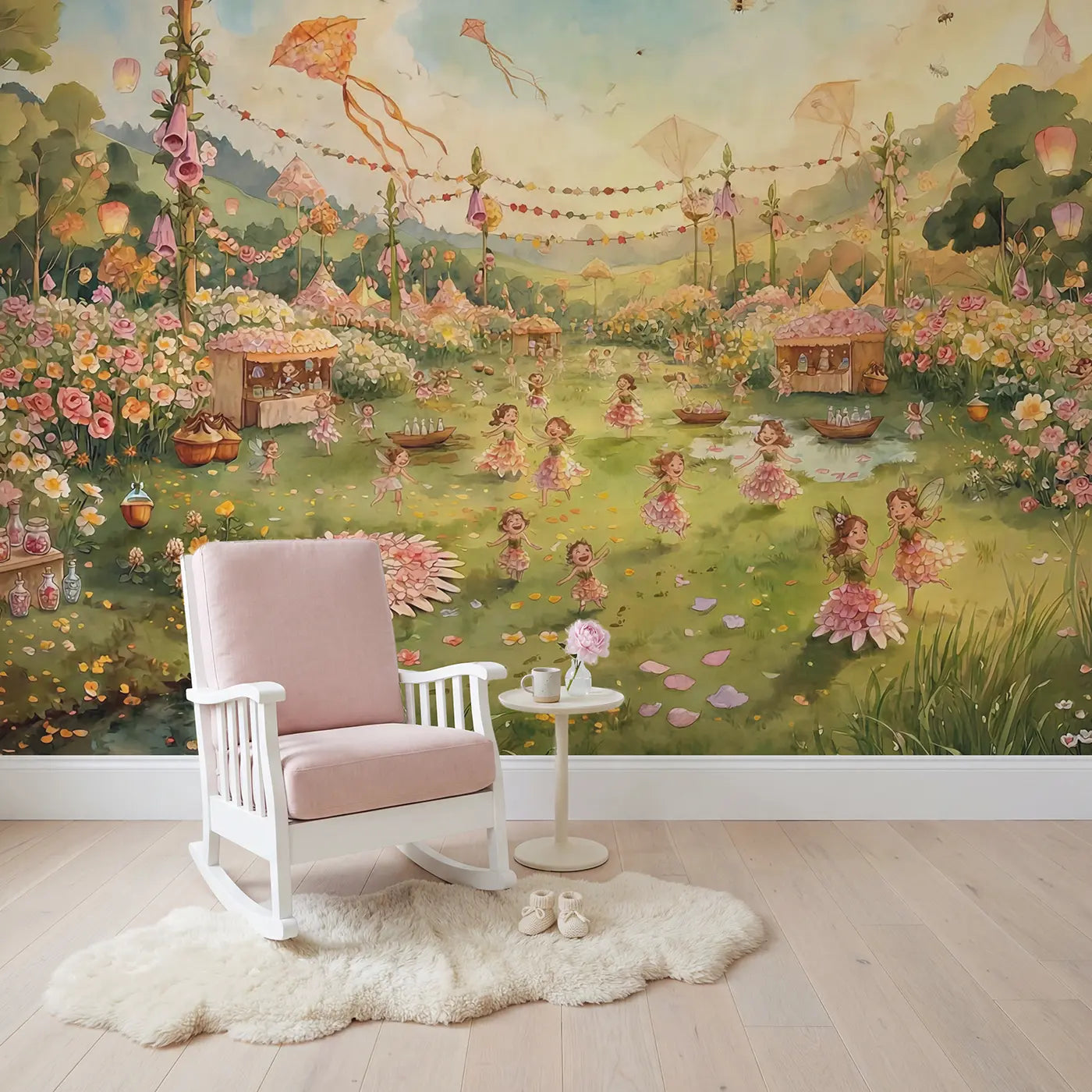Fairy Flower Festival Panorama Wallpaper Mural in playroom setting by Whimsy Tots