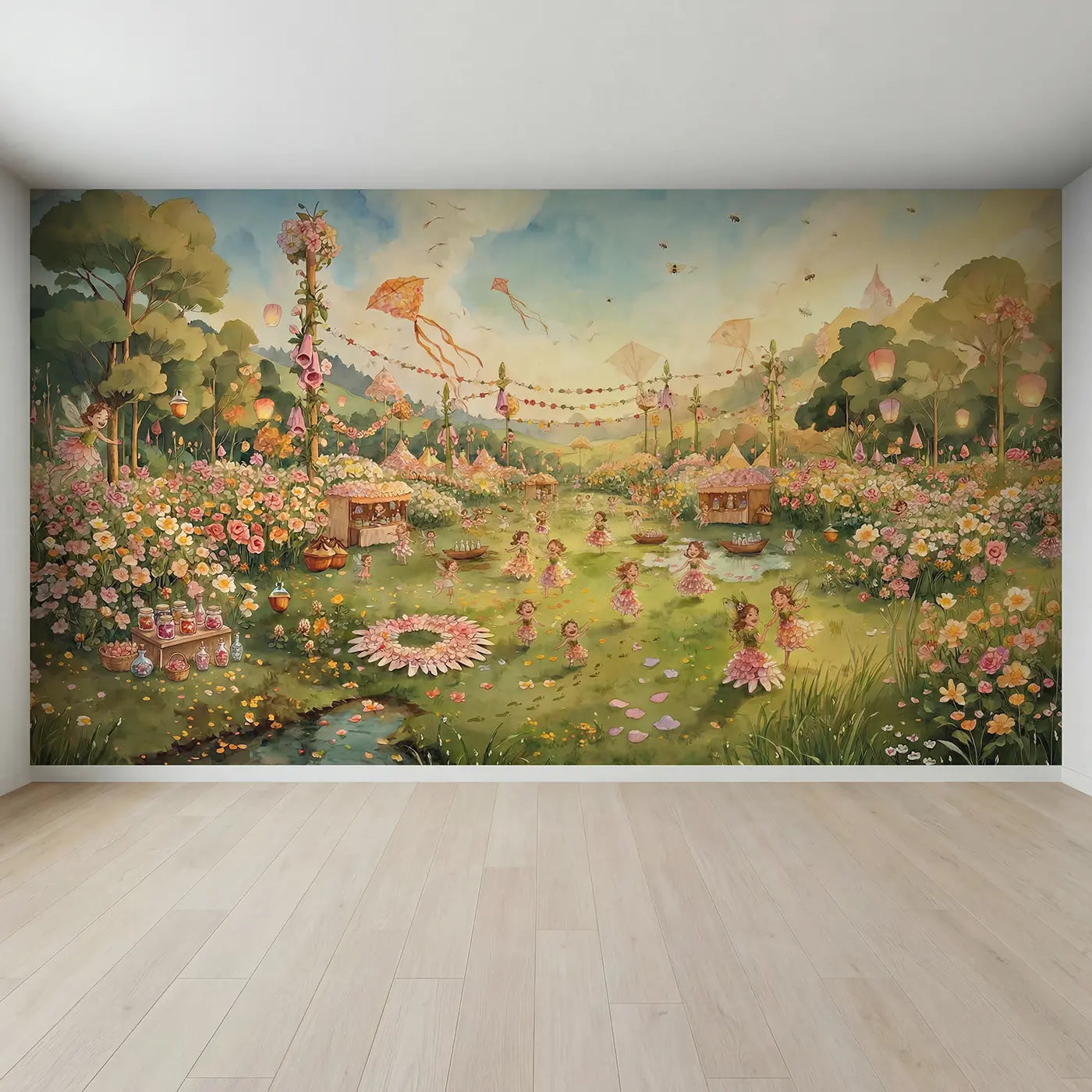 Full view of Fairy Flower Festival Panorama Wallpaper Mural by Whimsy Tots