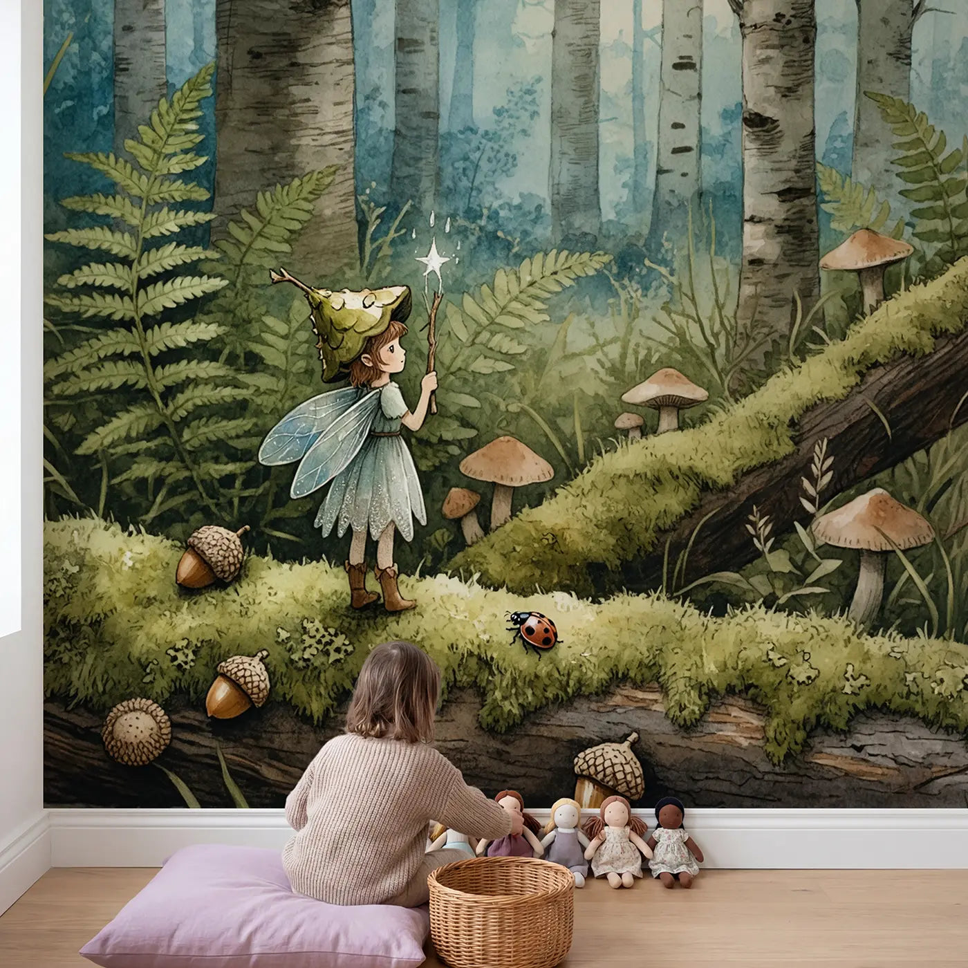 Child in nursery with Acorn Cap Fairy Portrait Wallpaper Mural by Whimsy Tots