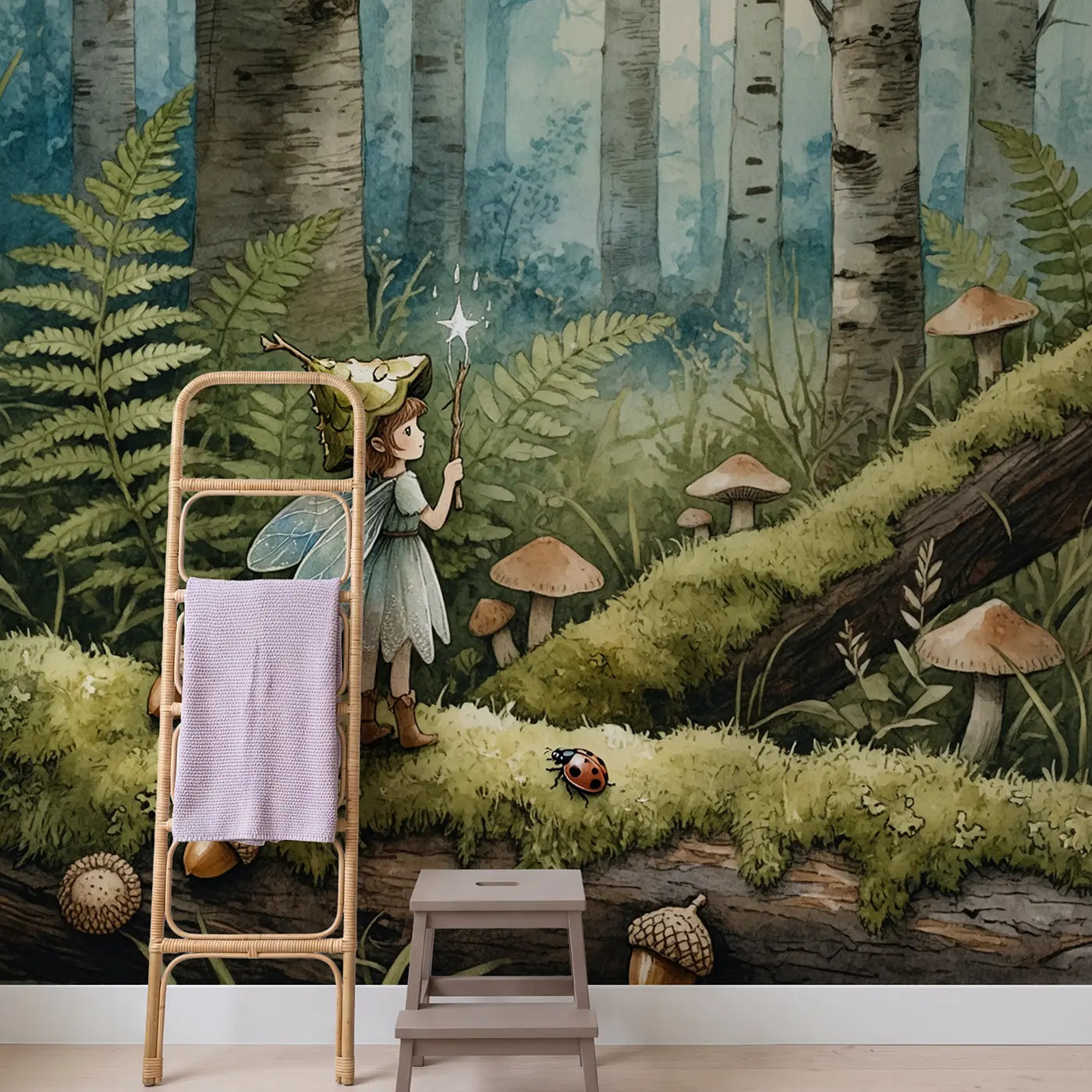 Acorn Cap Fairy Portrait Wallpaper Mural in playroom setting by Whimsy Tots