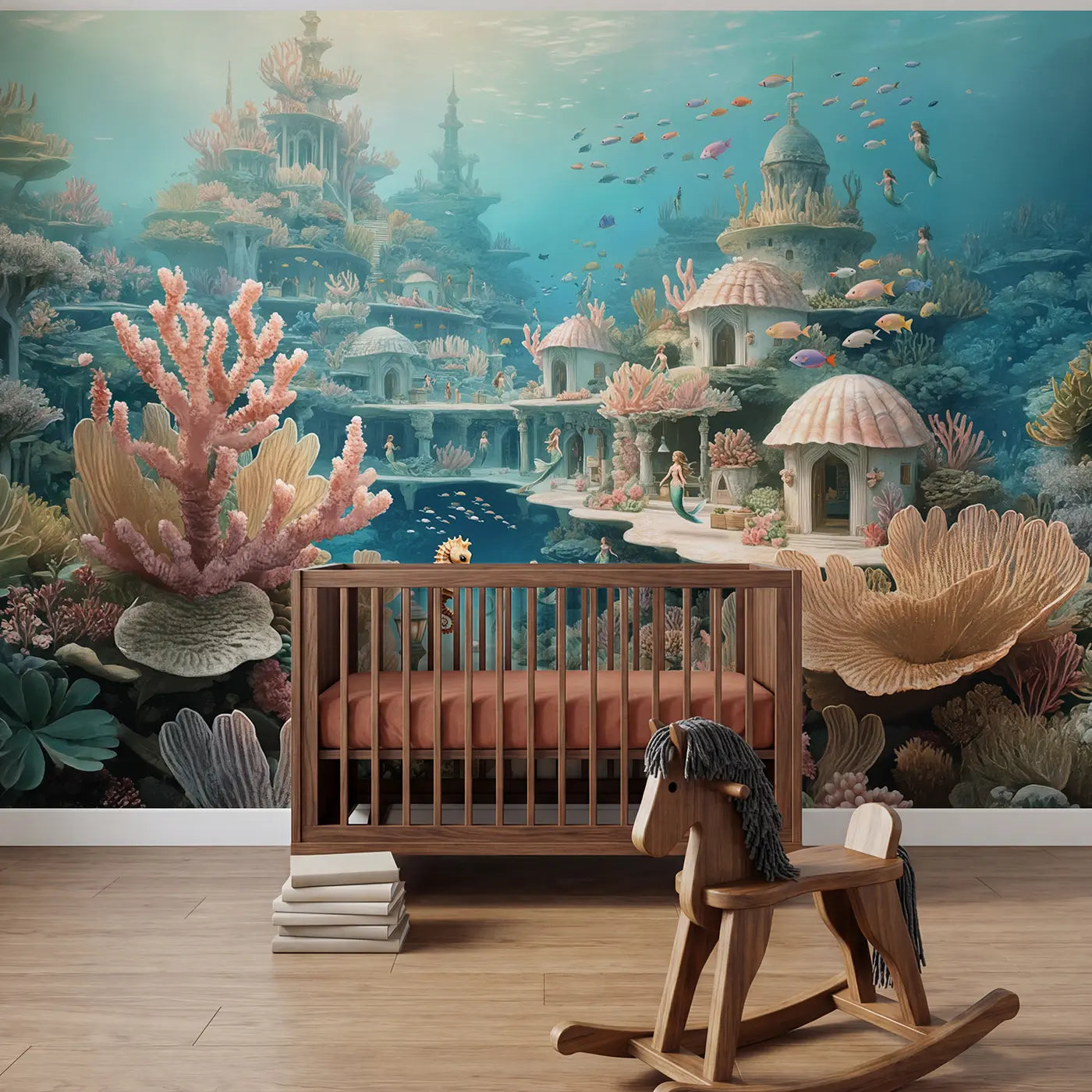 Soft pastel mermaid fantasy wallpaper mural for nursery by Whimsy Tots