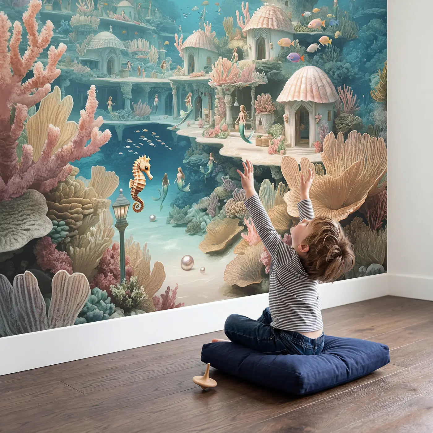 Child in nursery with Mermaid Reef Kingdom Wallpaper Mural by Whimsy Tots