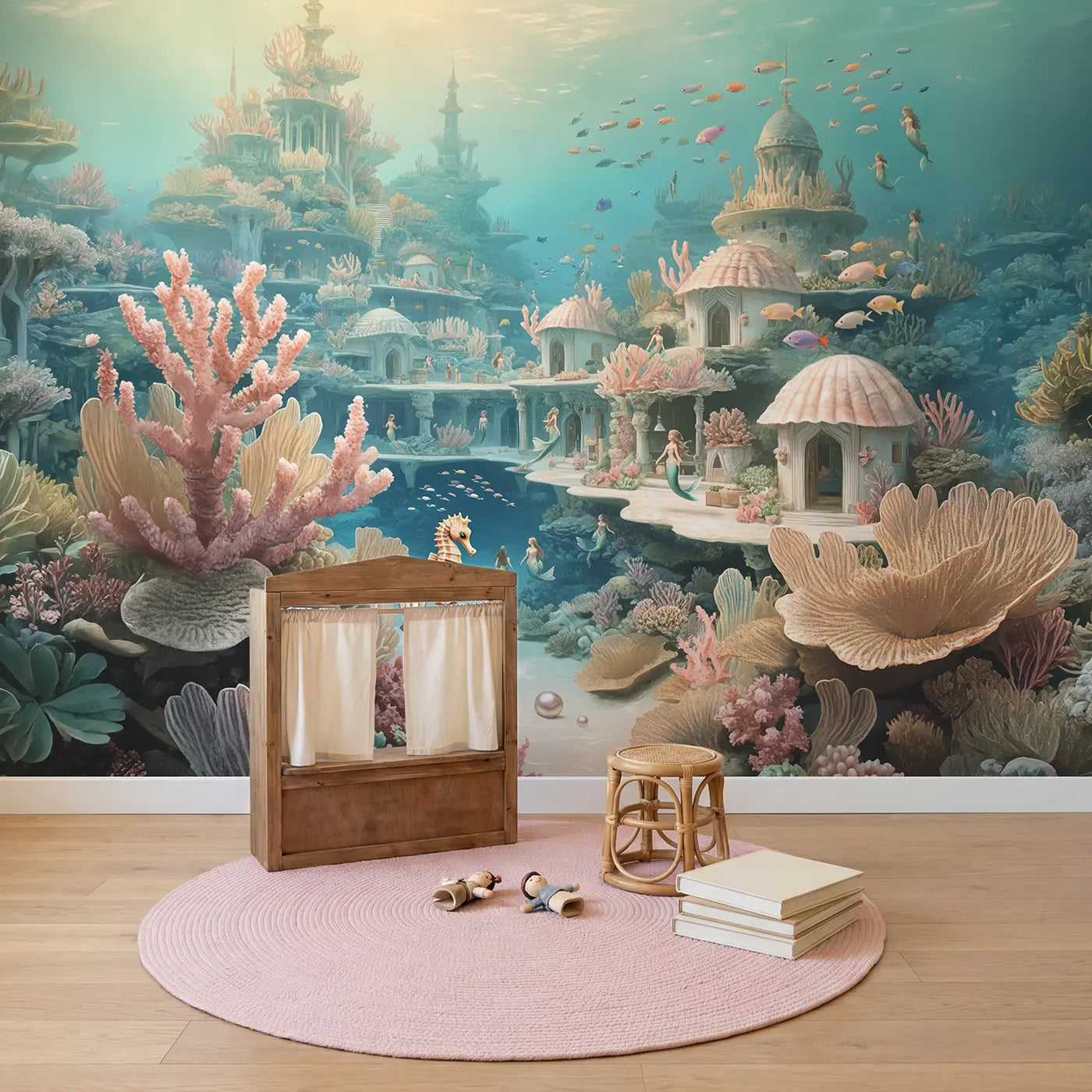 Mermaid Reef Kingdom Wallpaper Mural in playroom setting by Whimsy Tots