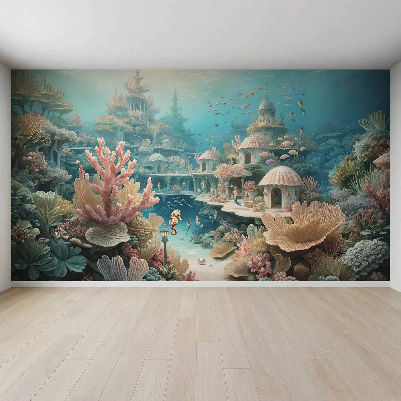 Full view of Mermaid Reef Kingdom Wallpaper Mural by Whimsy Tots