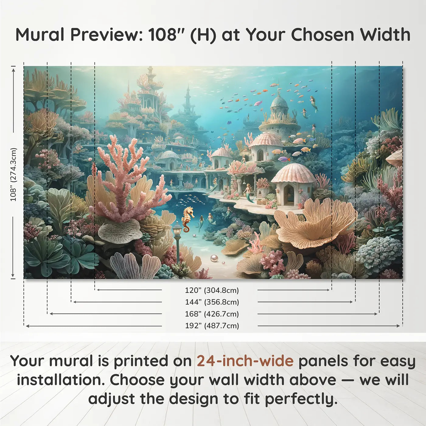 Panel layout and dimensions for Mermaid Reef Kingdom Wallpaper Mural by Whimsy Tots