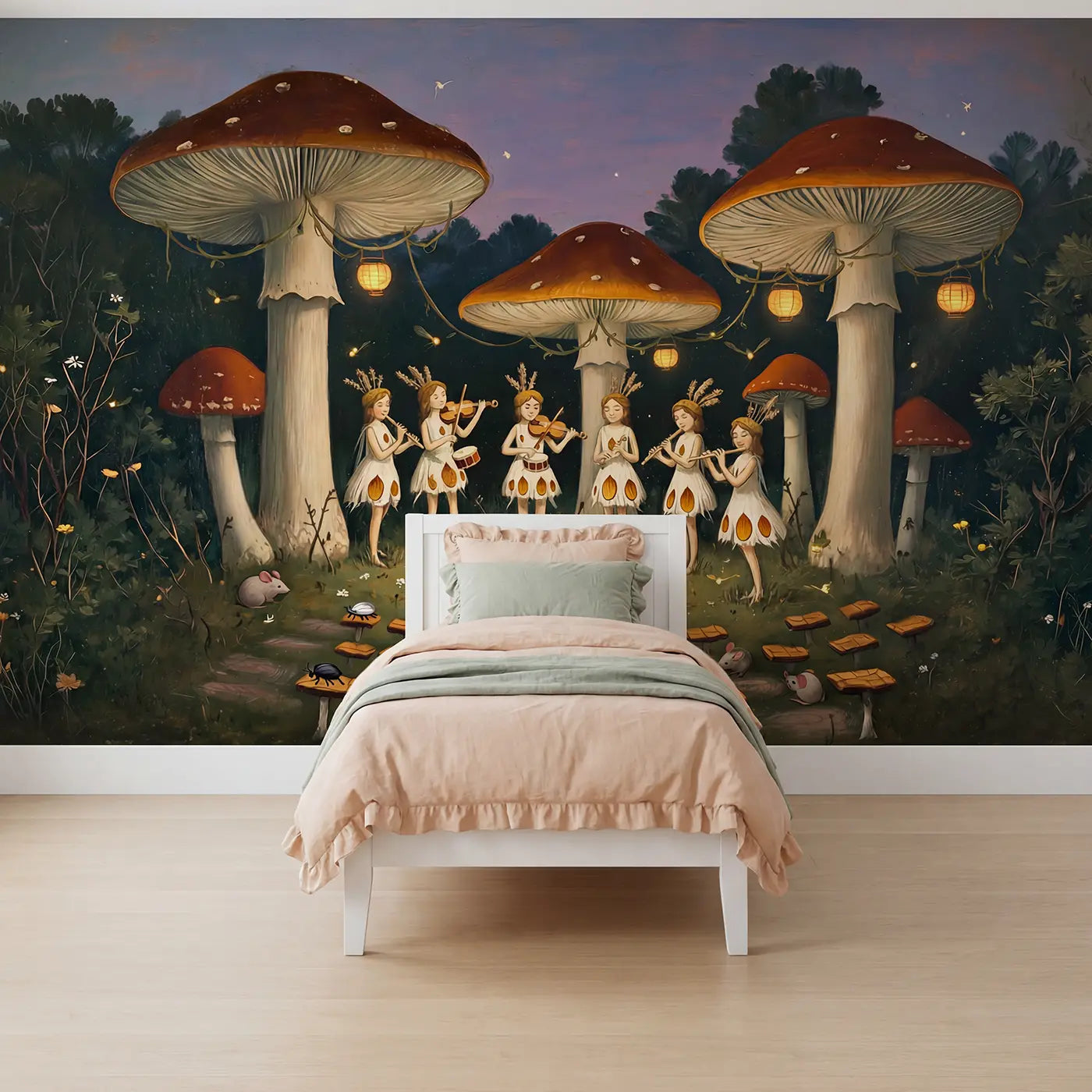 Painted landscape fairy mushroom concert twilight wallpaper mural for girls room by Whimsy Tots