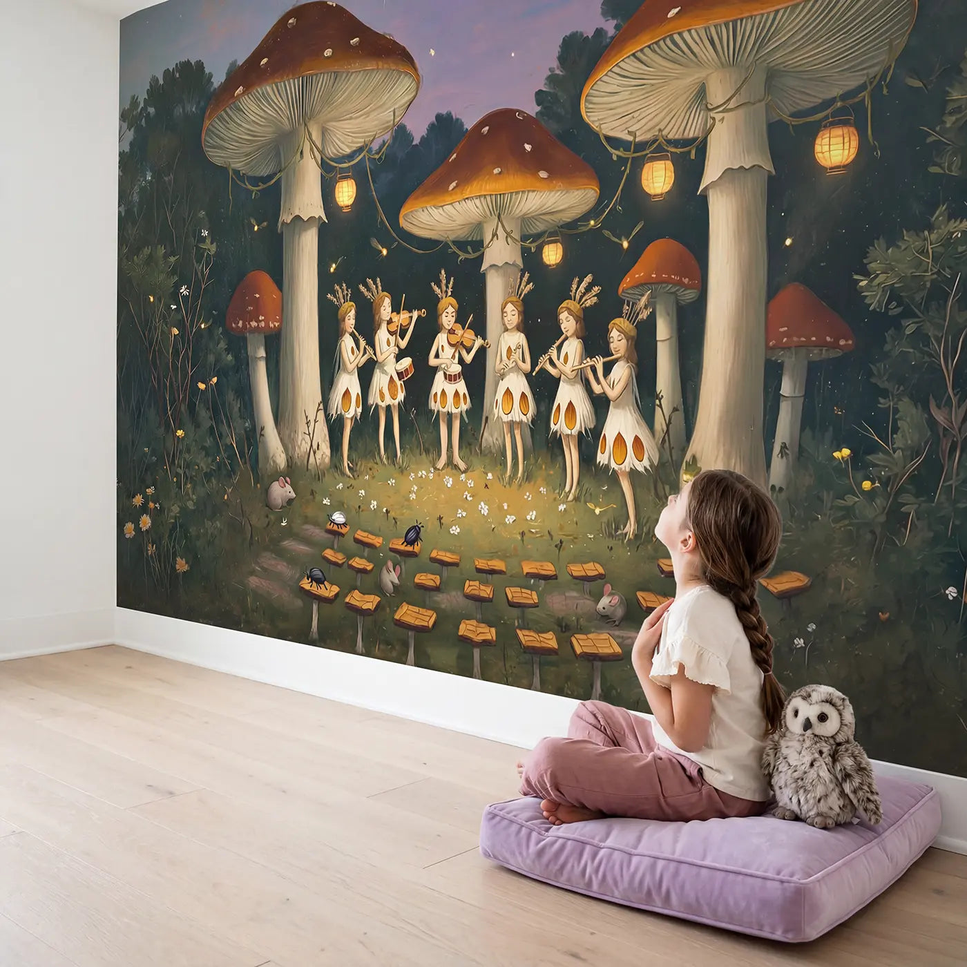 Child in nursery with Fairy Mushroom Concert Wallpaper Mural by Whimsy Tots