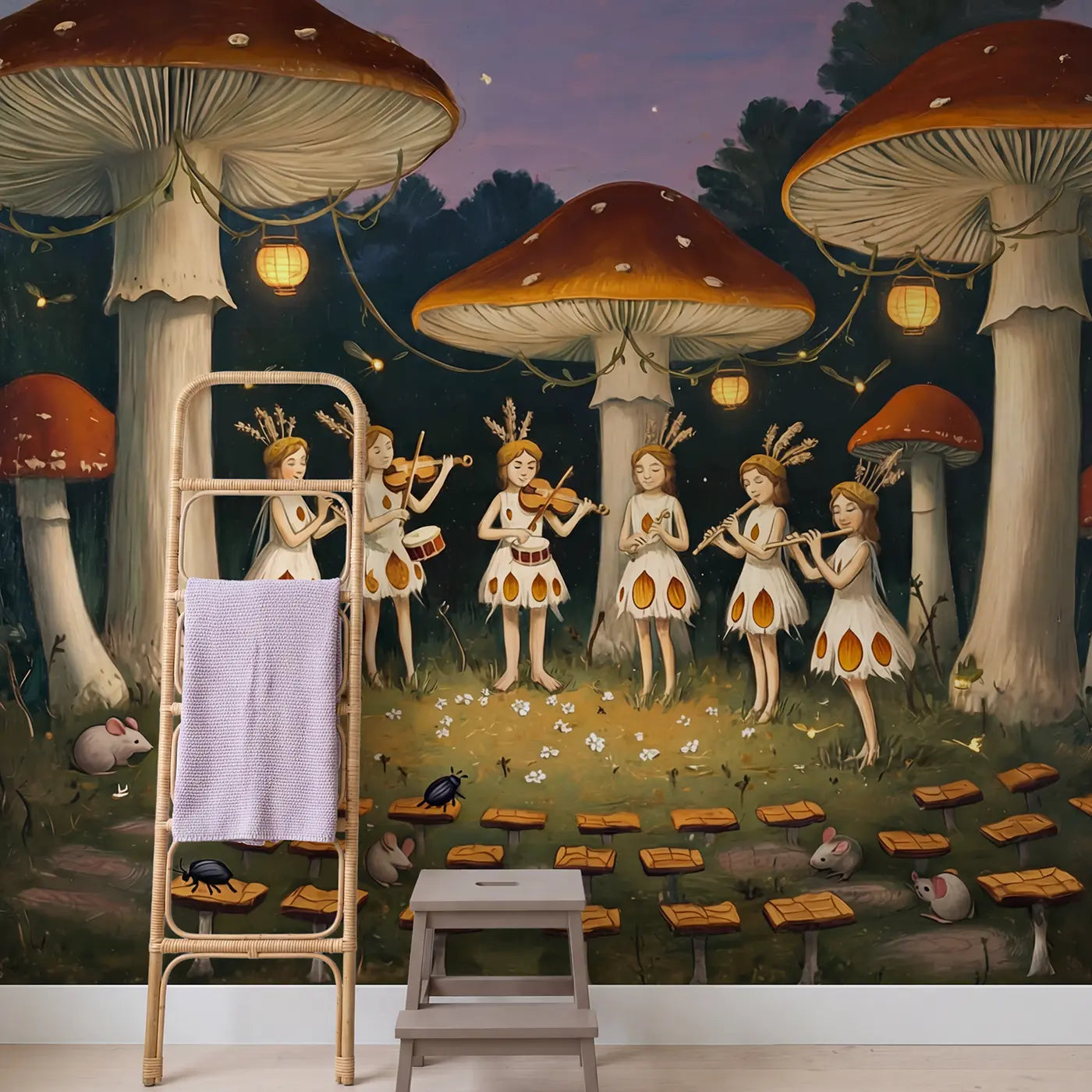 Fairy Mushroom Concert Wallpaper Mural in playroom setting by Whimsy Tots