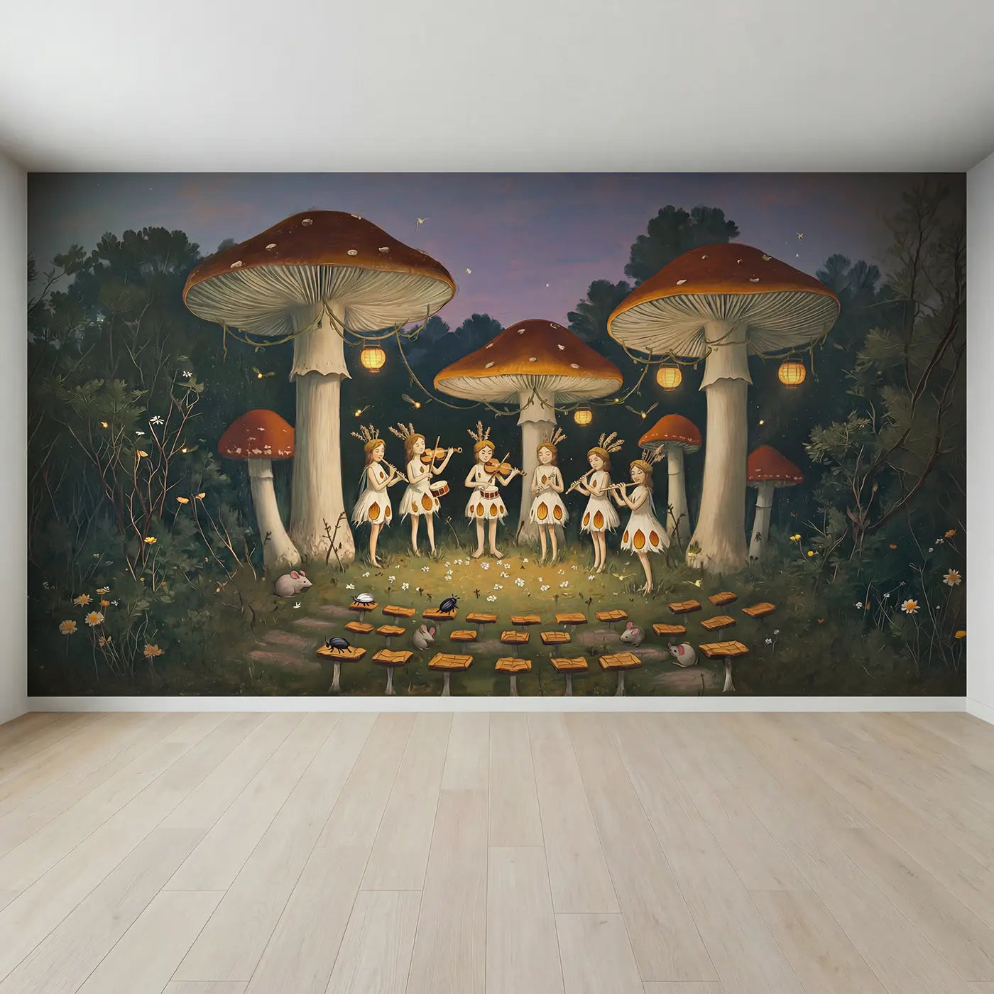 Full view of Fairy Mushroom Concert Wallpaper Mural by Whimsy Tots