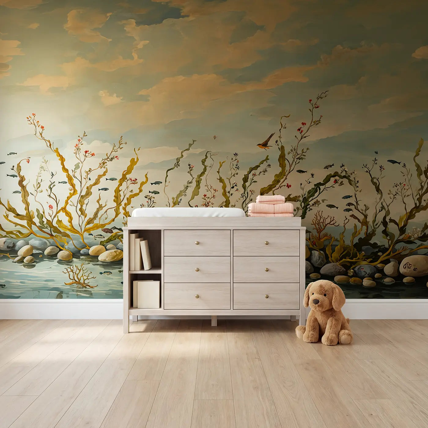 Botanical elegance mermaids weaving seaweed wallpaper mural for girls room by Whimsy Tots