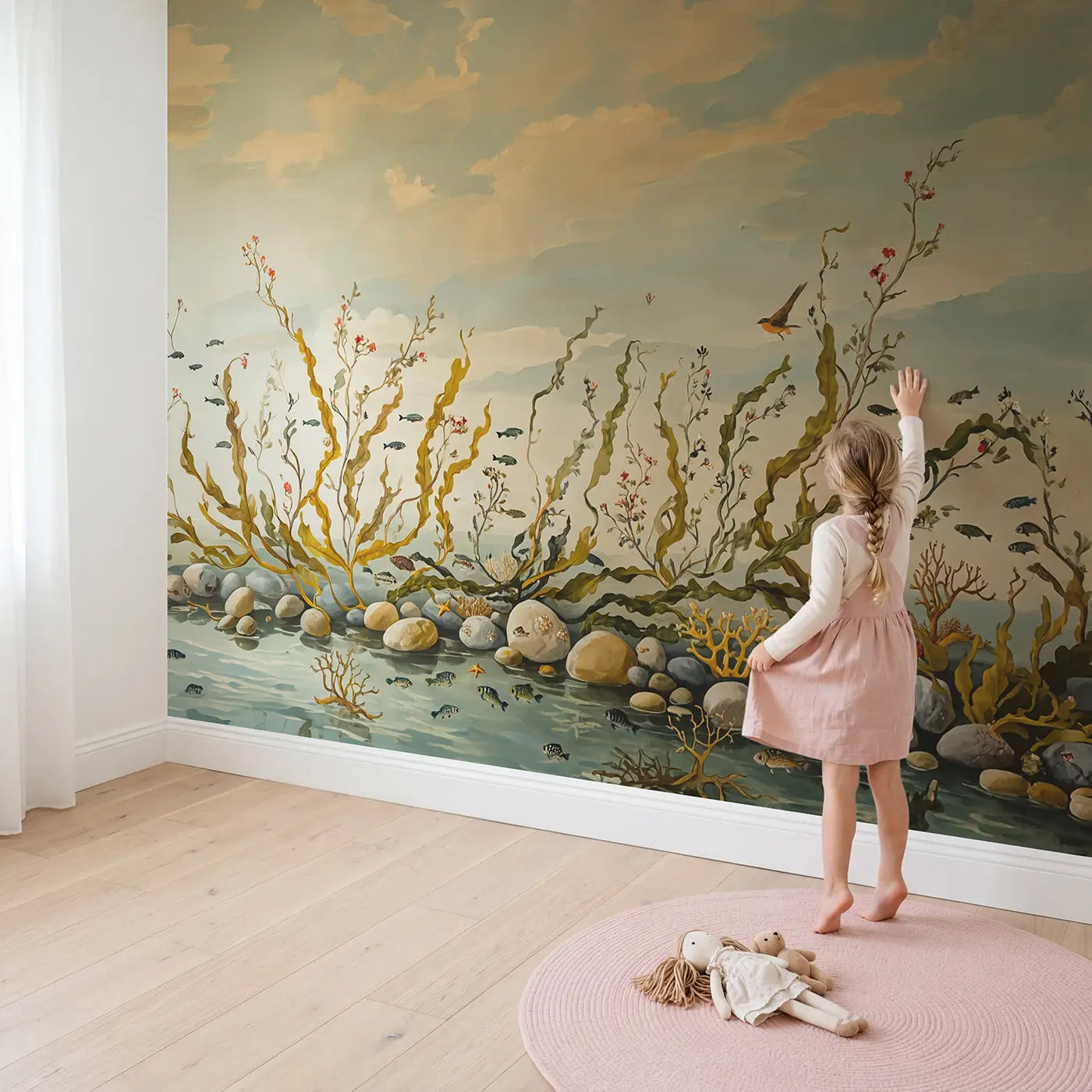 Child in nursery with Mermaids Weaving Seaweed Gentle Wallpaper Mural by Whimsy Tots