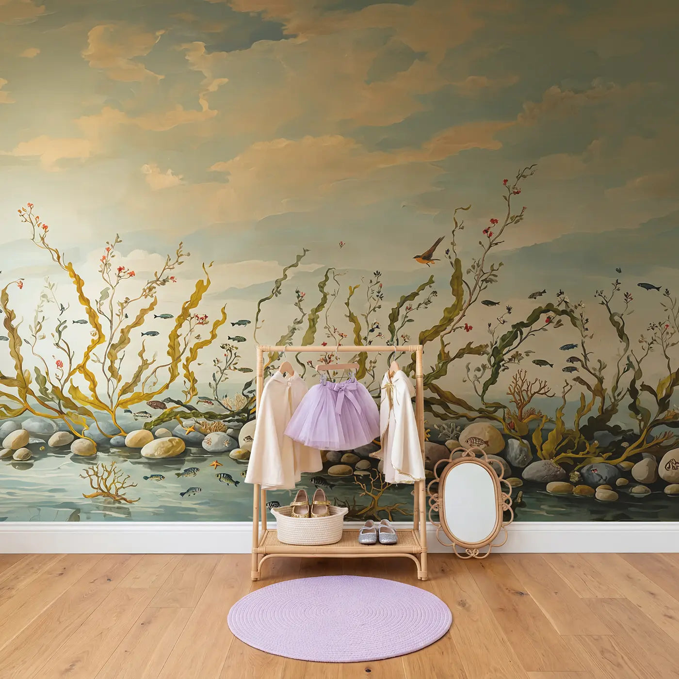Mermaids Weaving Seaweed Gentle Wallpaper Mural in playroom setting by Whimsy Tots