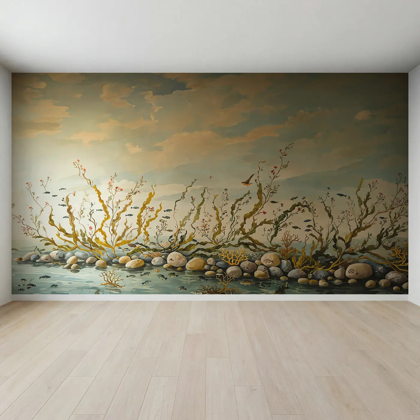 Full view of Mermaids Weaving Seaweed Gentle Wallpaper Mural by Whimsy Tots