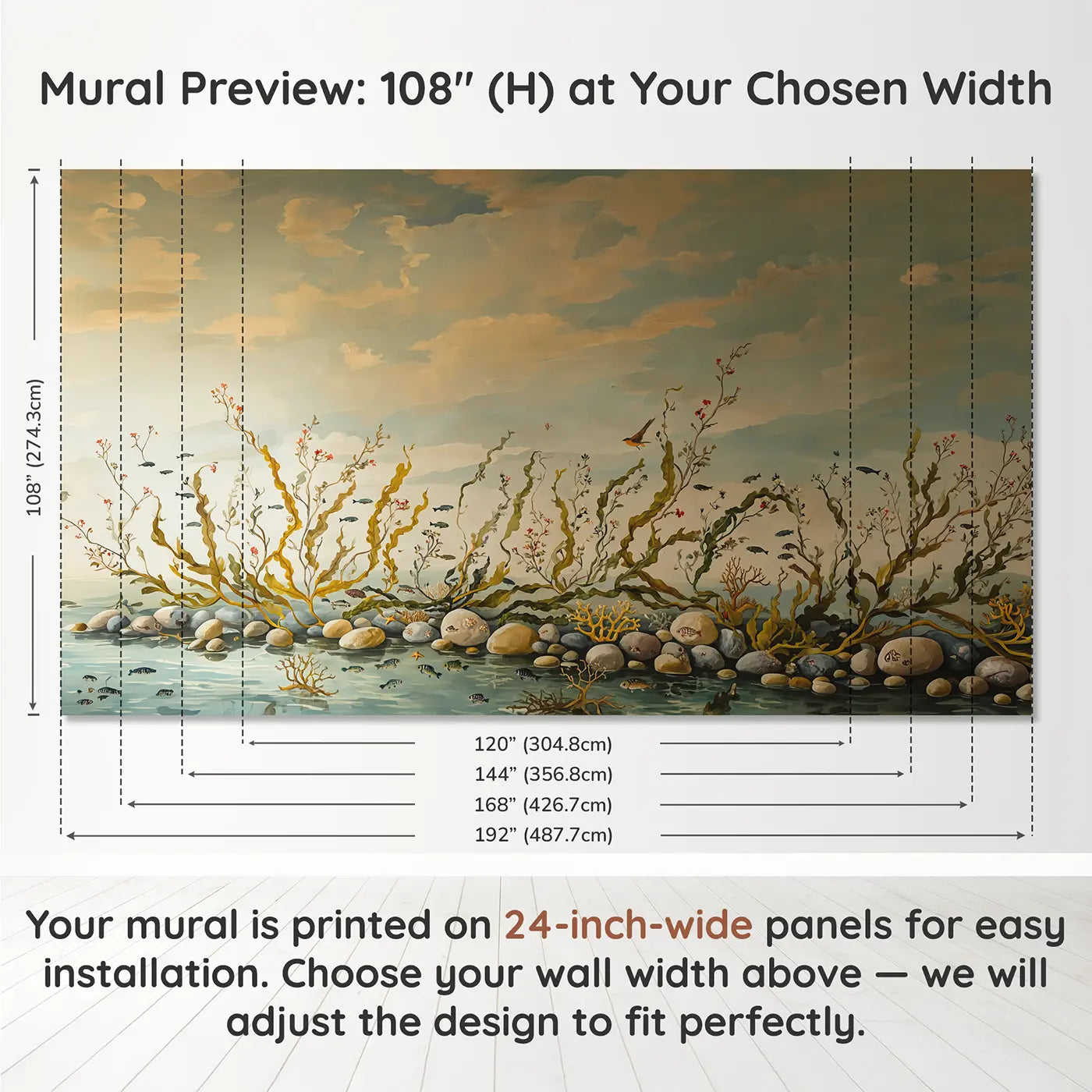 Panel layout and dimensions for Mermaids Weaving Seaweed Gentle Wallpaper Mural by Whimsy Tots