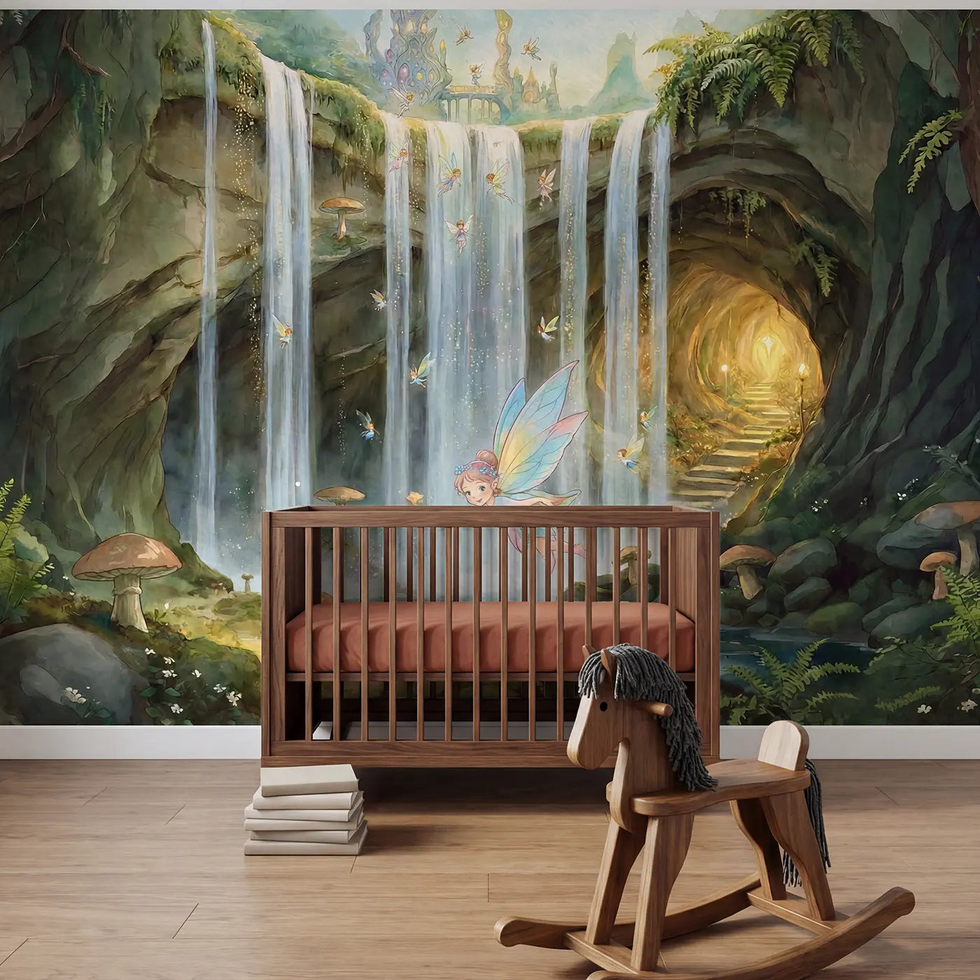 Watercolor fairy kingdom behind waterfall misty forest wallpaper mural for kids room by Whimsy Tots