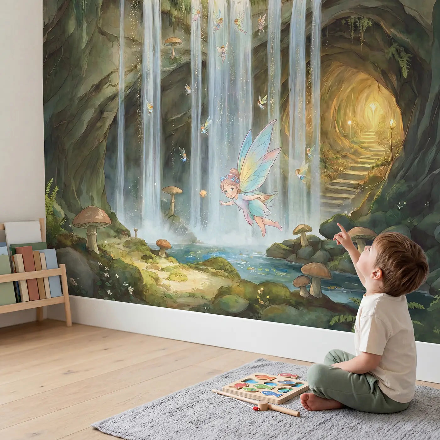 Child in nursery with Hidden Fairy Waterfall Kingdom Wallpaper Mural by Whimsy Tots