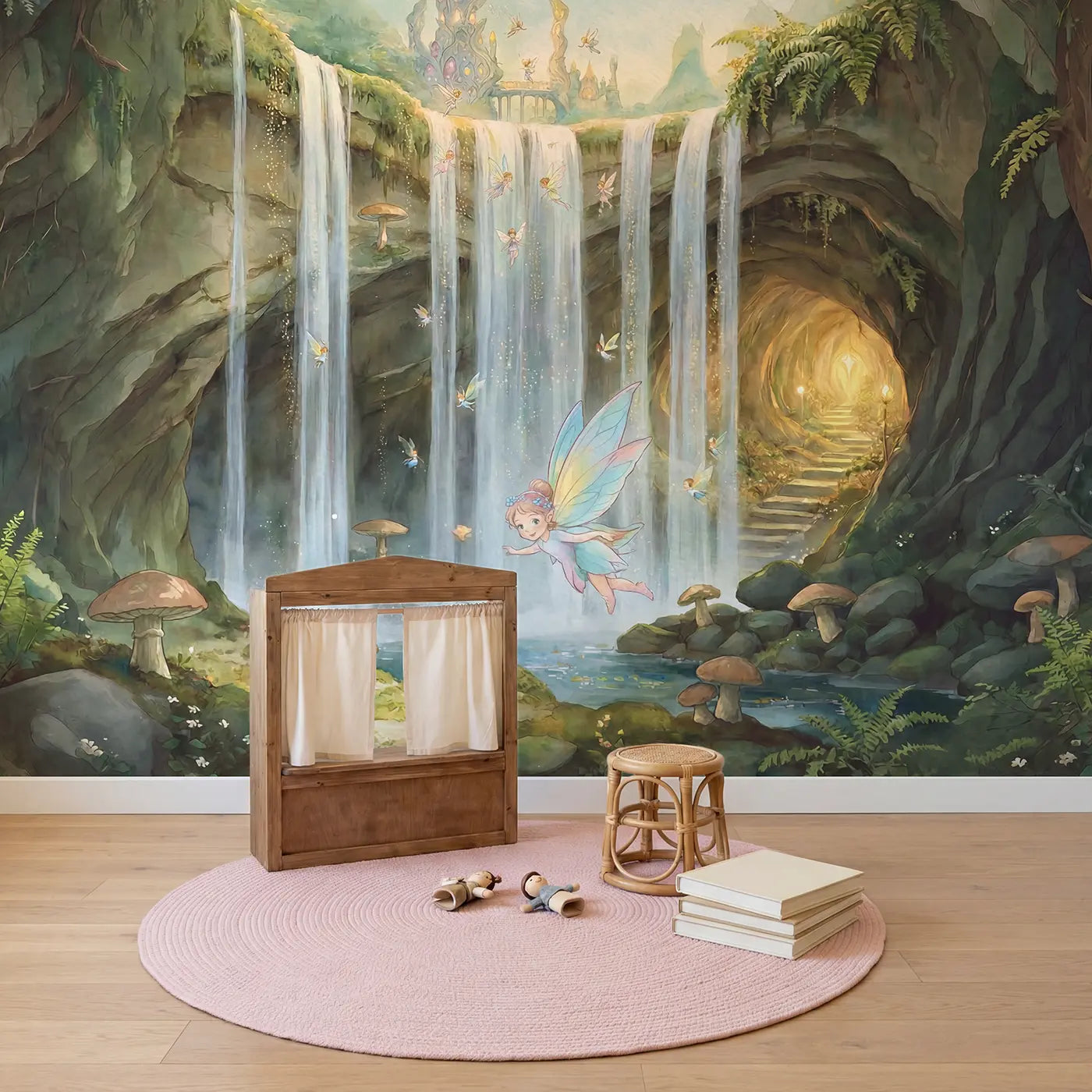 Hidden Fairy Waterfall Kingdom Wallpaper Mural in playroom setting by Whimsy Tots