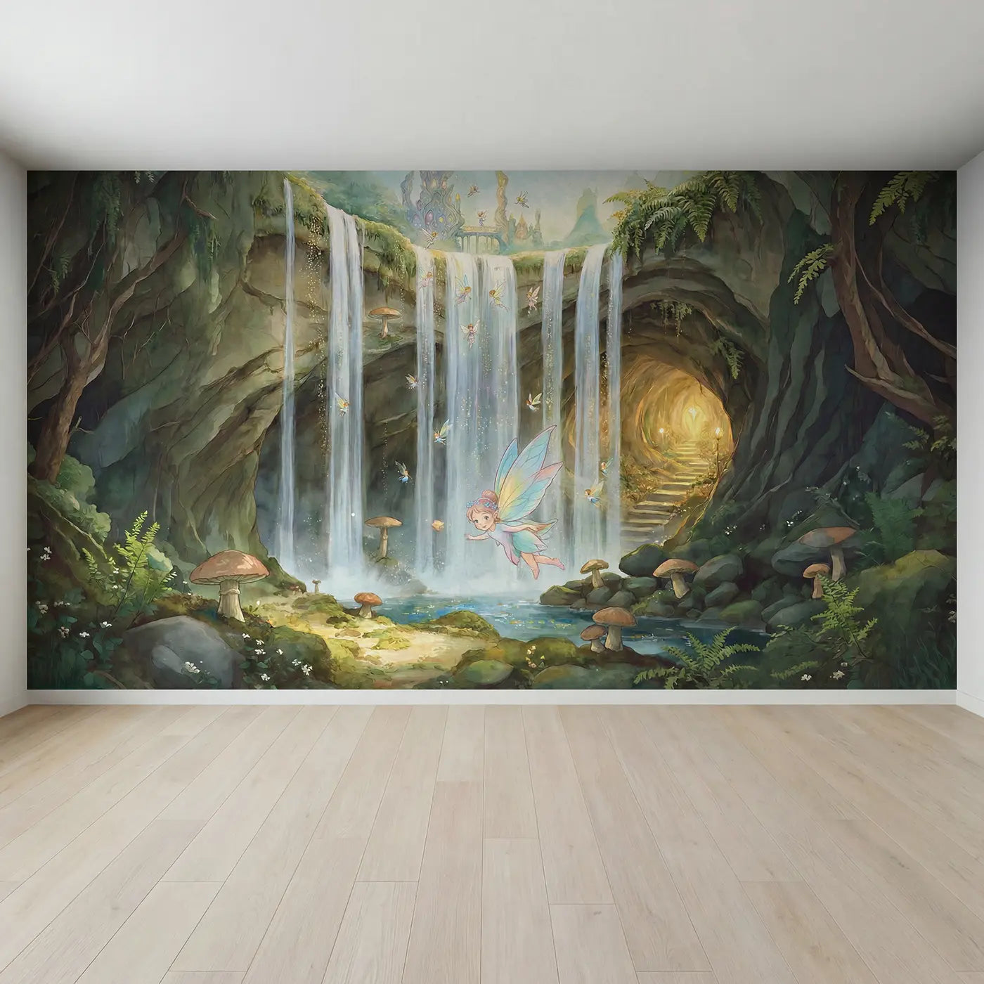 Full view of Hidden Fairy Waterfall Kingdom Wallpaper Mural by Whimsy Tots