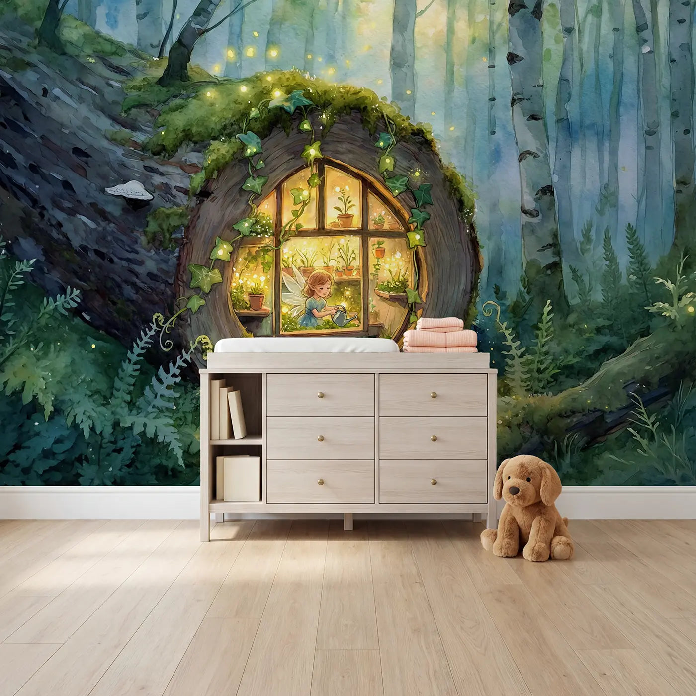 Watercolor fairy log greenhouse wallpaper mural for girls room by Whimsy Tots