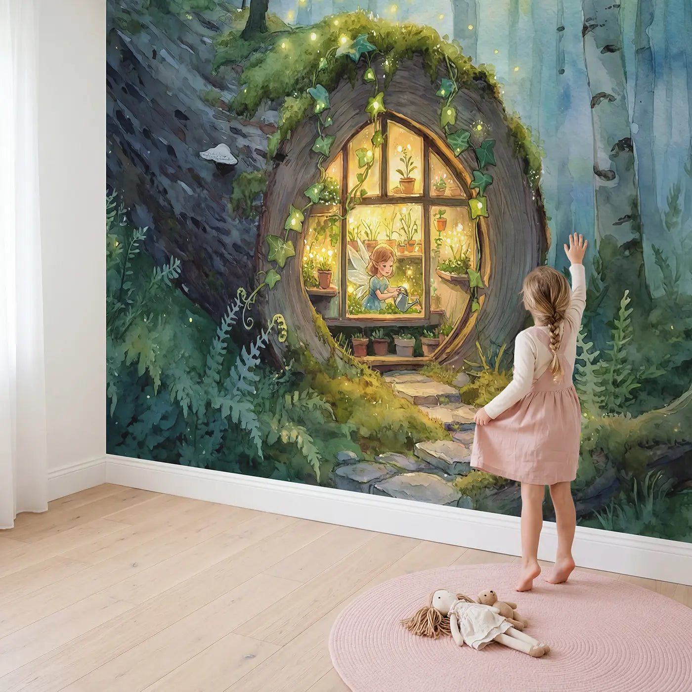 Child in nursery with Fairy Log Greenhouse Wallpaper Mural by Whimsy Tots