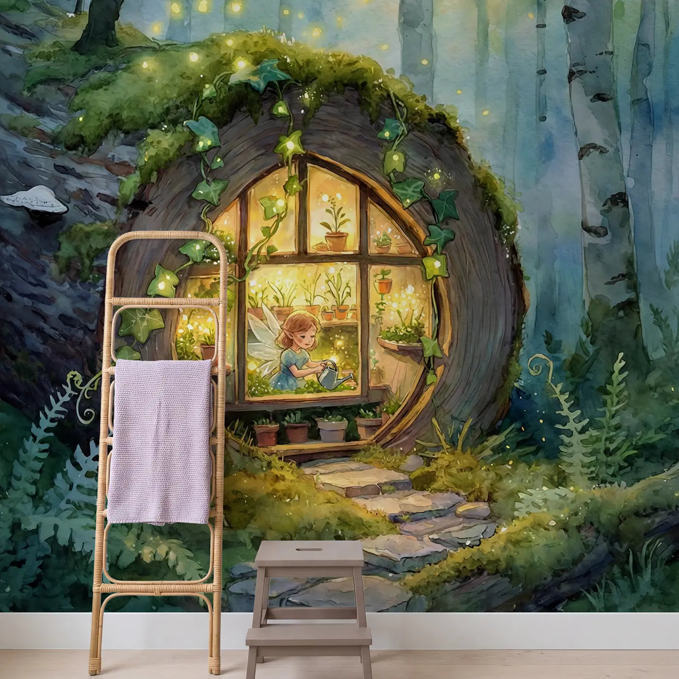 Fairy Log Greenhouse Wallpaper Mural in playroom setting by Whimsy Tots