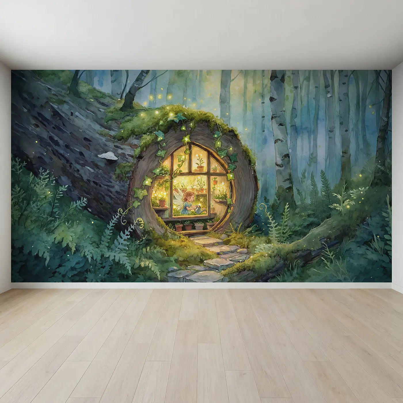 Full view of Fairy Log Greenhouse Wallpaper Mural by Whimsy Tots