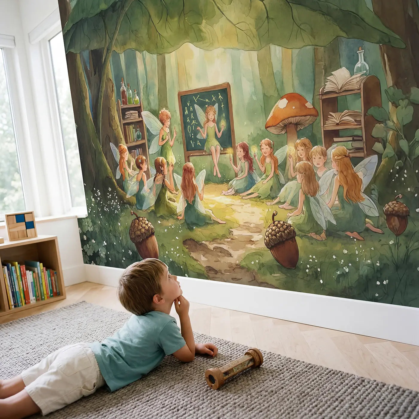 Child in nursery with Fairy Forest School Wallpaper Mural by Whimsy Tots