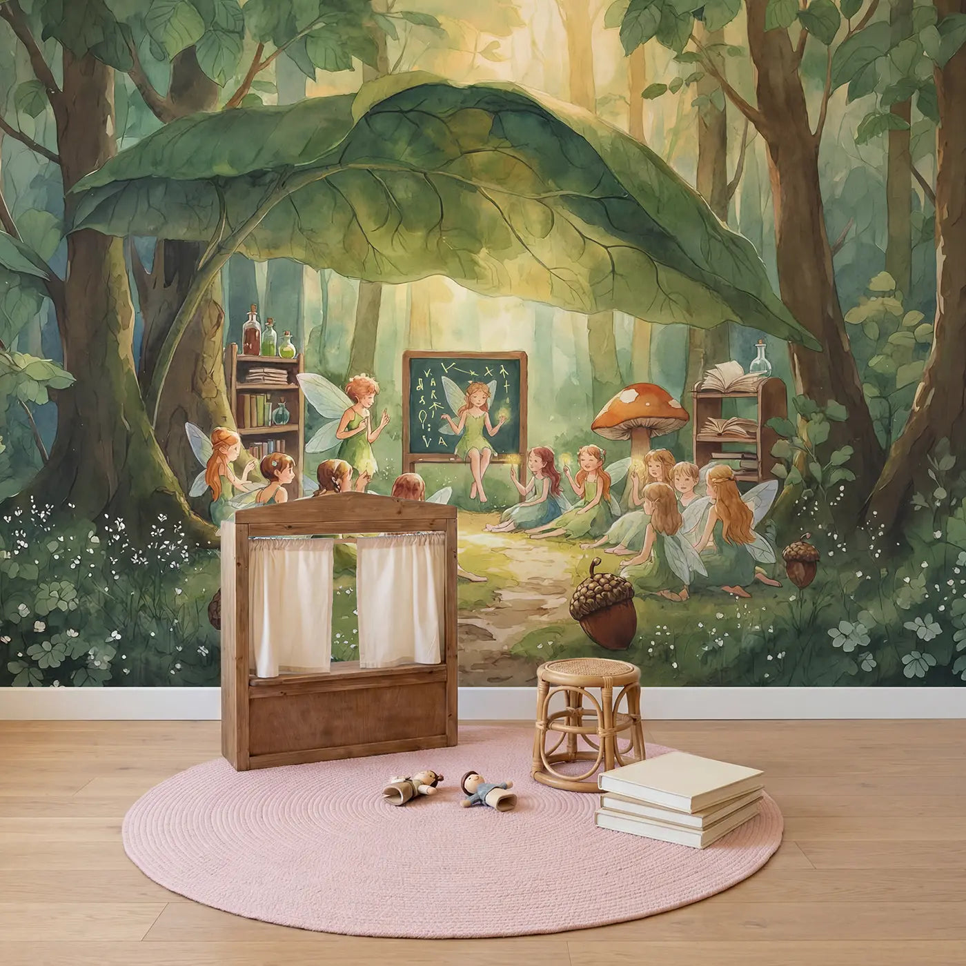 Fairy Forest School Wallpaper Mural in playroom setting by Whimsy Tots