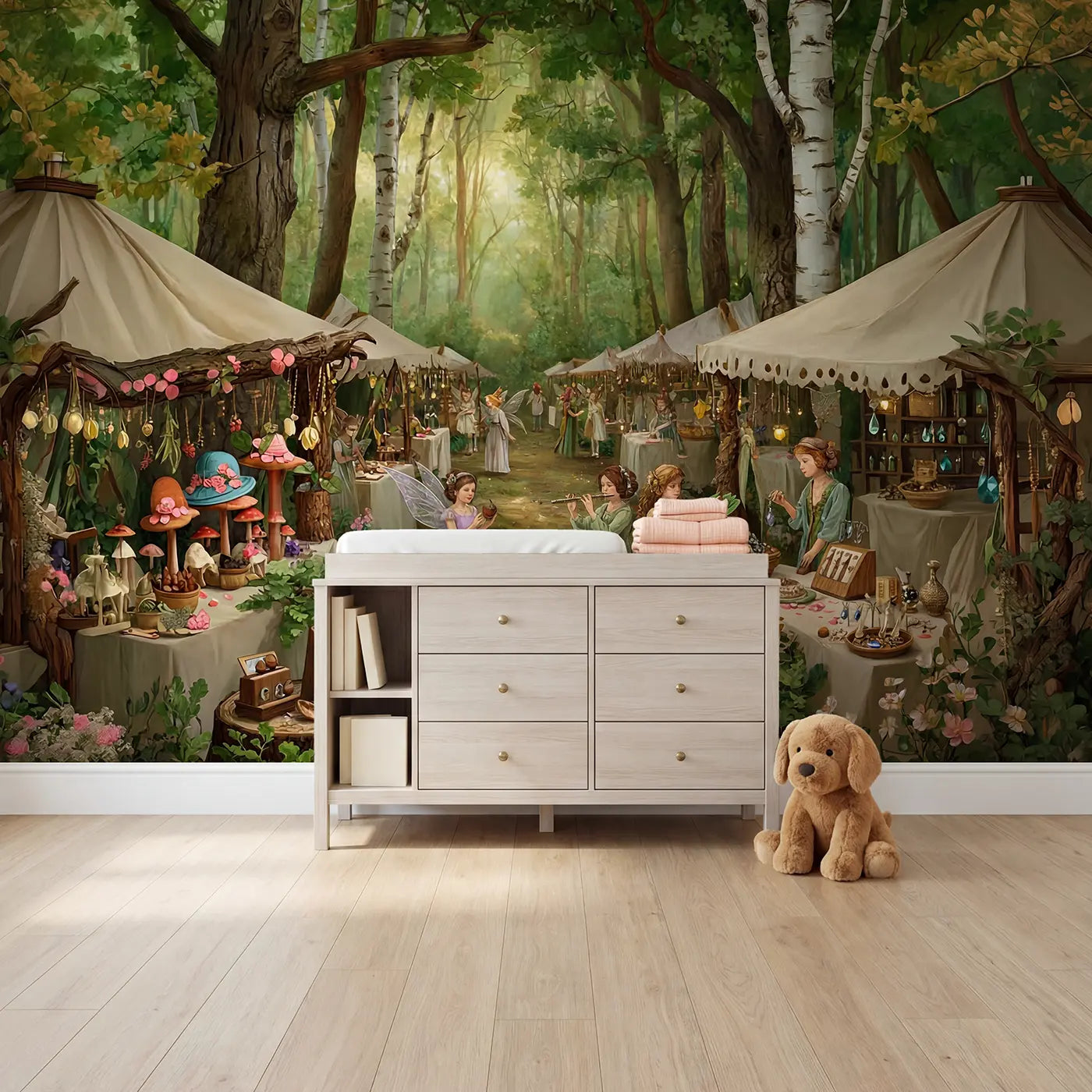 botanical elegance fairy market forest clearing mural for girls room by Whimsy Tots