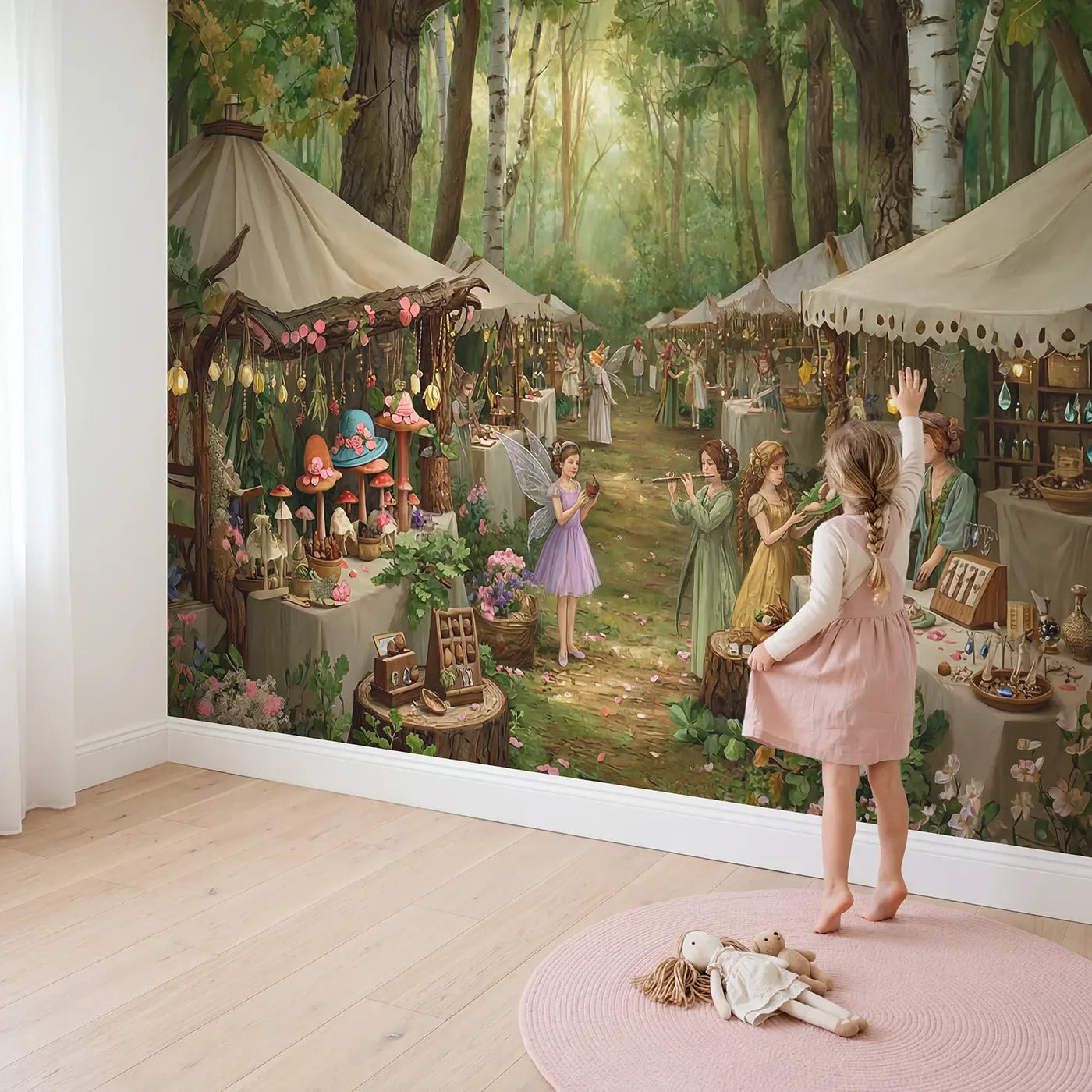 Child in nursery with Fairy Market Forest Clearing Wallpaper Mural by Whimsy Tots