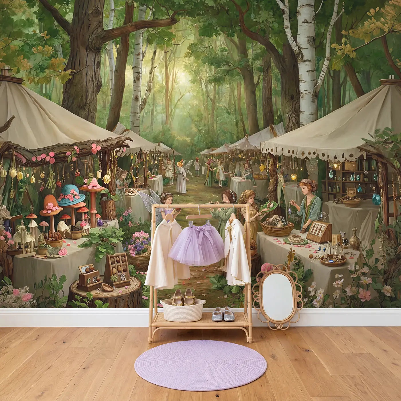Fairy Market Forest Clearing Wallpaper Mural in playroom setting by Whimsy Tots