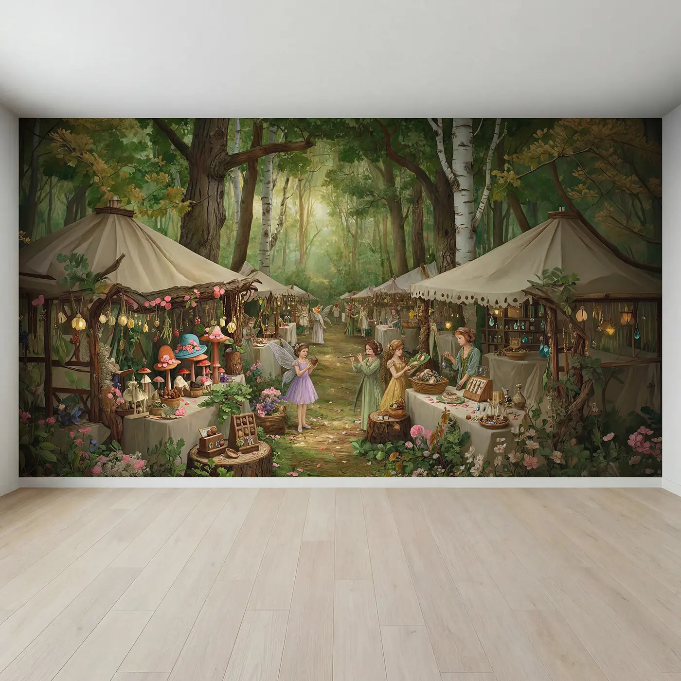 Full view of Fairy Market Forest Clearing Wallpaper Mural by Whimsy Tots