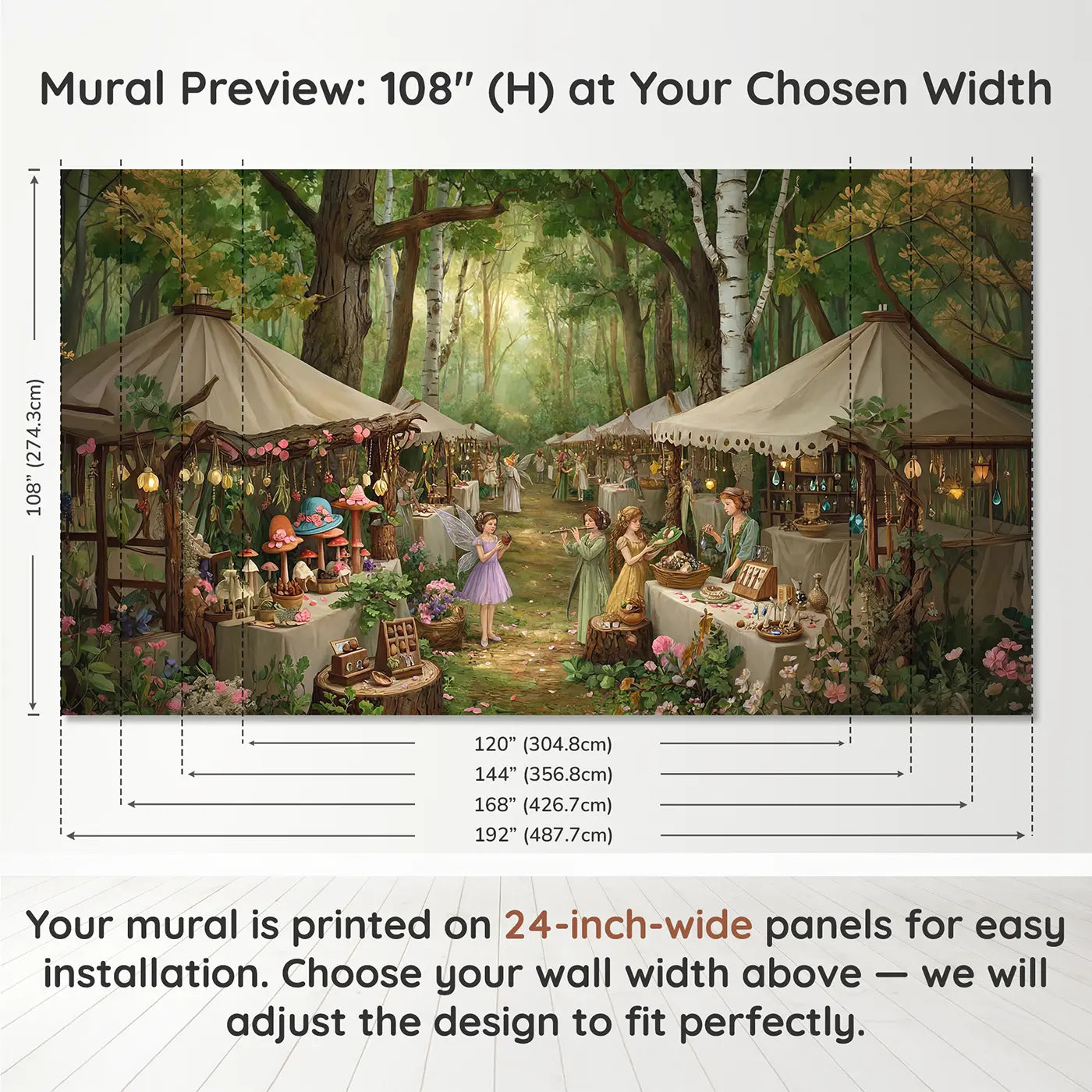 Panel layout and dimensions for Fairy Market Forest Clearing Wallpaper Mural by Whimsy Tots