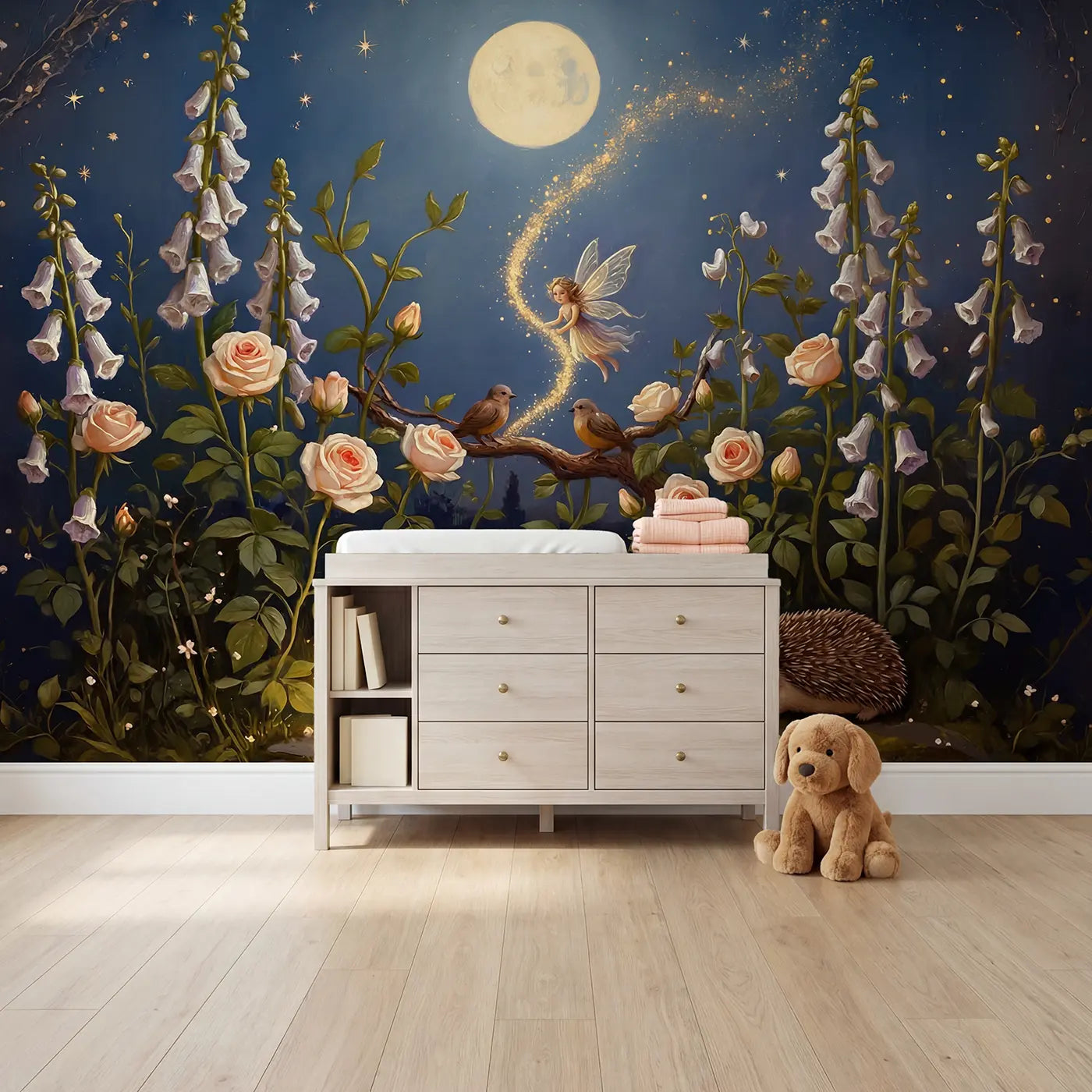 Painted landscape fairy with sparkle trail wallpaper mural for nursery by Whimsy Tots