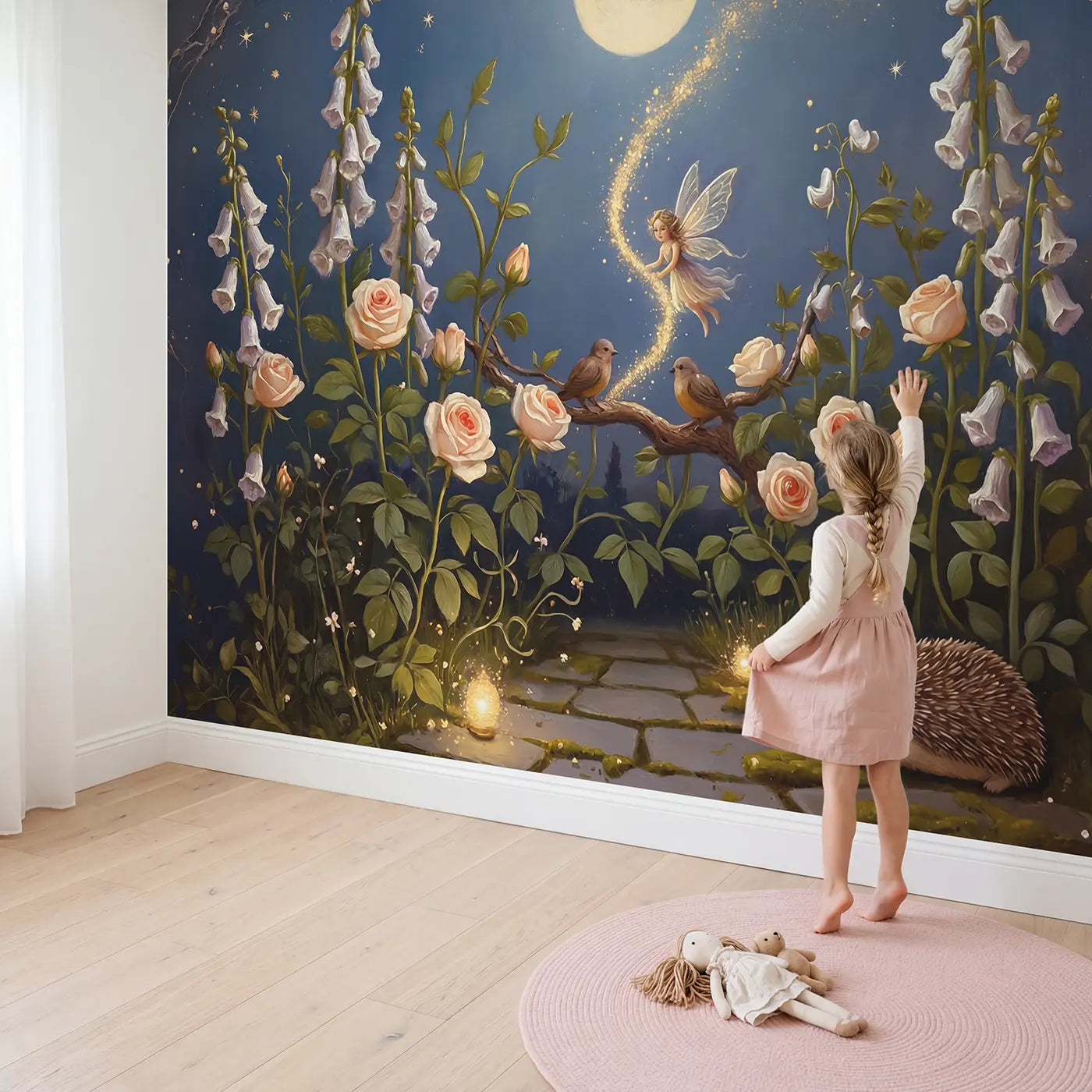 Child in nursery with Moonlit Fairy Sparkle Trail Wallpaper Mural by Whimsy Tots
