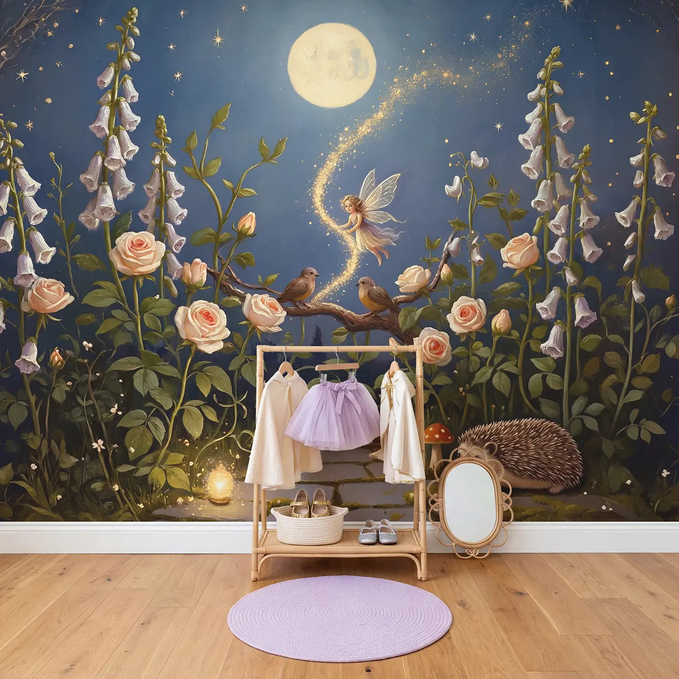 Moonlit Fairy Sparkle Trail Wallpaper Mural in playroom setting by Whimsy Tots