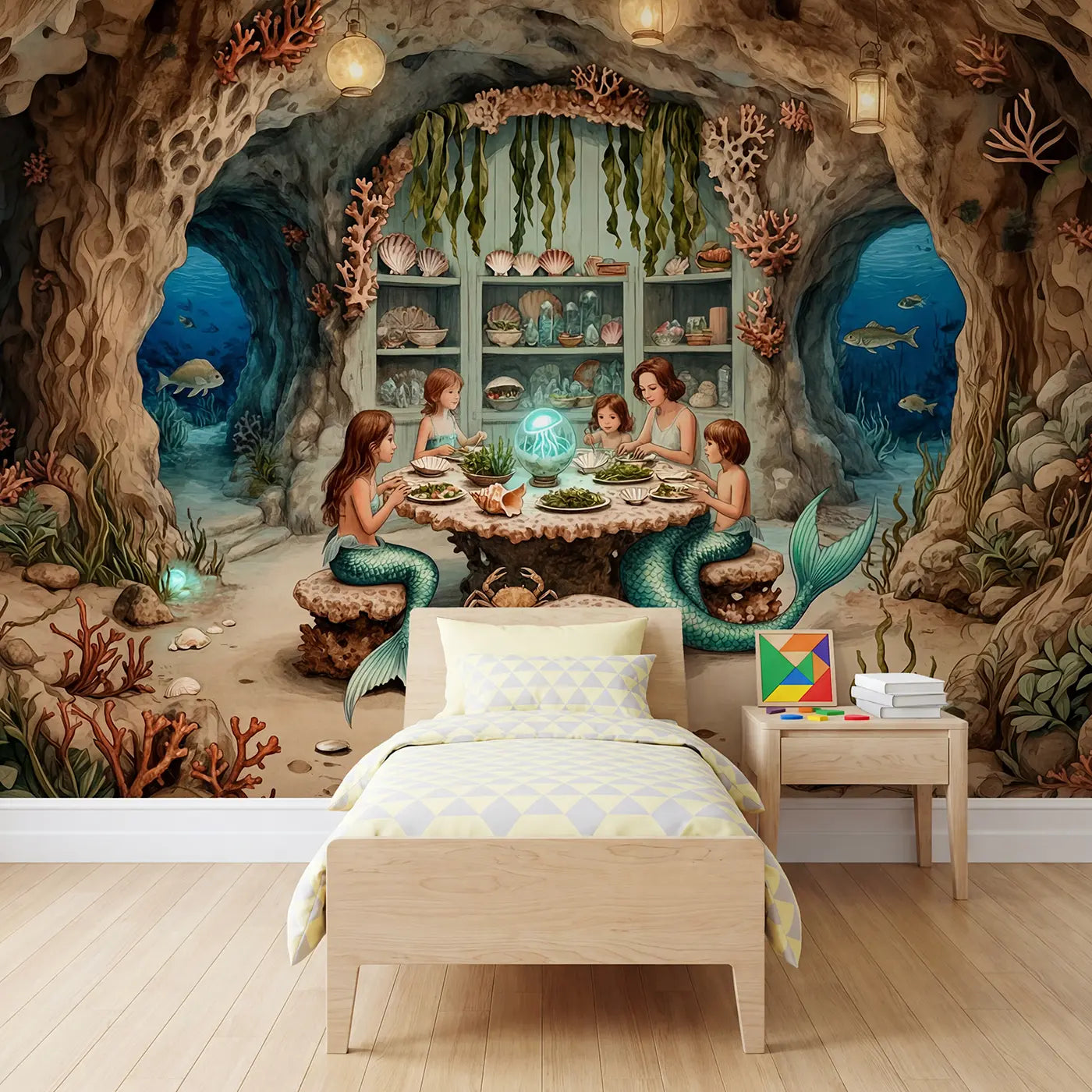 storybook illustration mermaid family coral home mural for kids room by Whimsy Tots