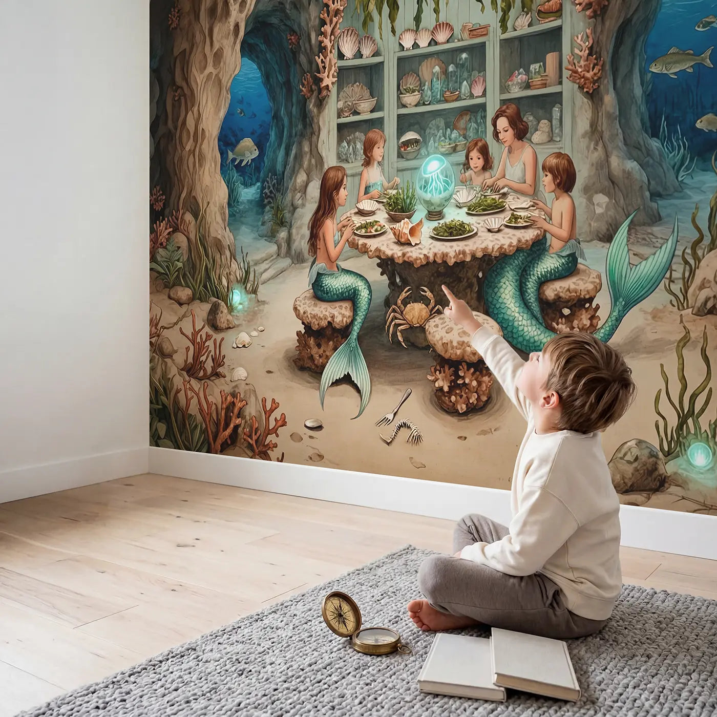 Child in nursery with Mermaid Family Dinner Coral Home Wallpaper Mural by Whimsy Tots