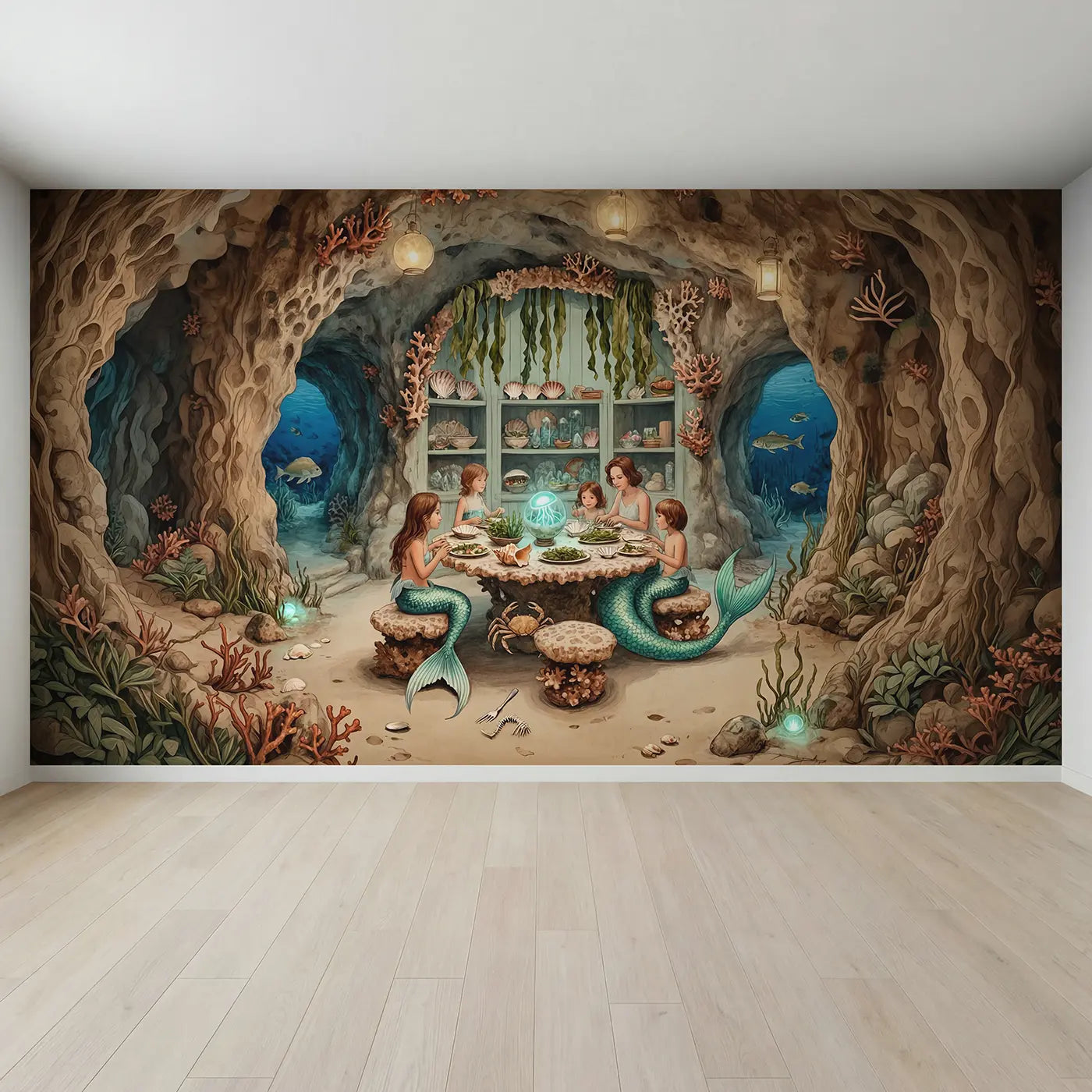 Full view of Mermaid Family Dinner Coral Home Wallpaper Mural by Whimsy Tots