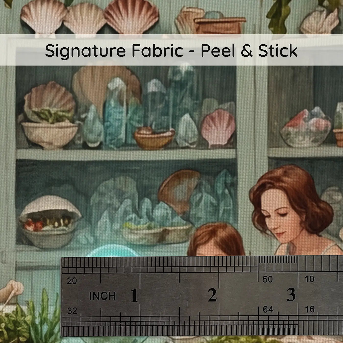 Fabric texture close-up of Mermaid Family Dinner Coral Home Wallpaper Mural by Whimsy Tots