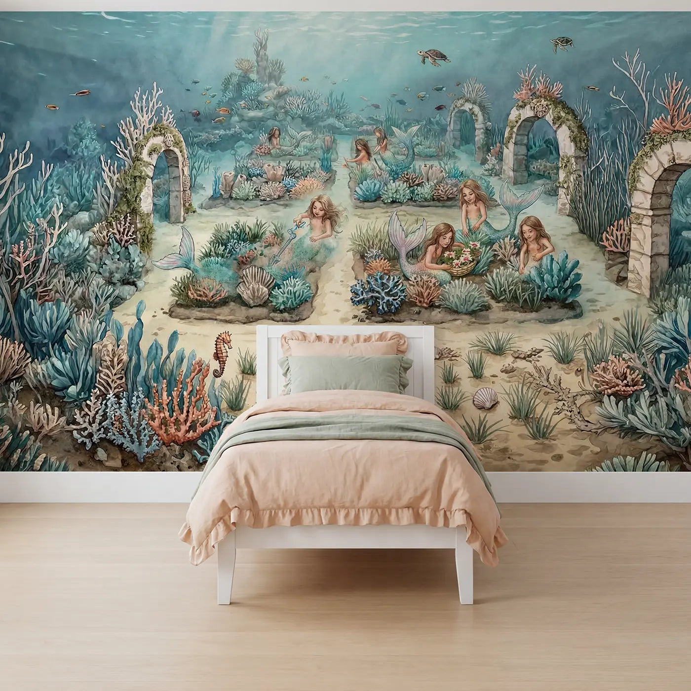 Storybook mermaid coral reef garden wallpaper mural for girls room by Whimsy Tots