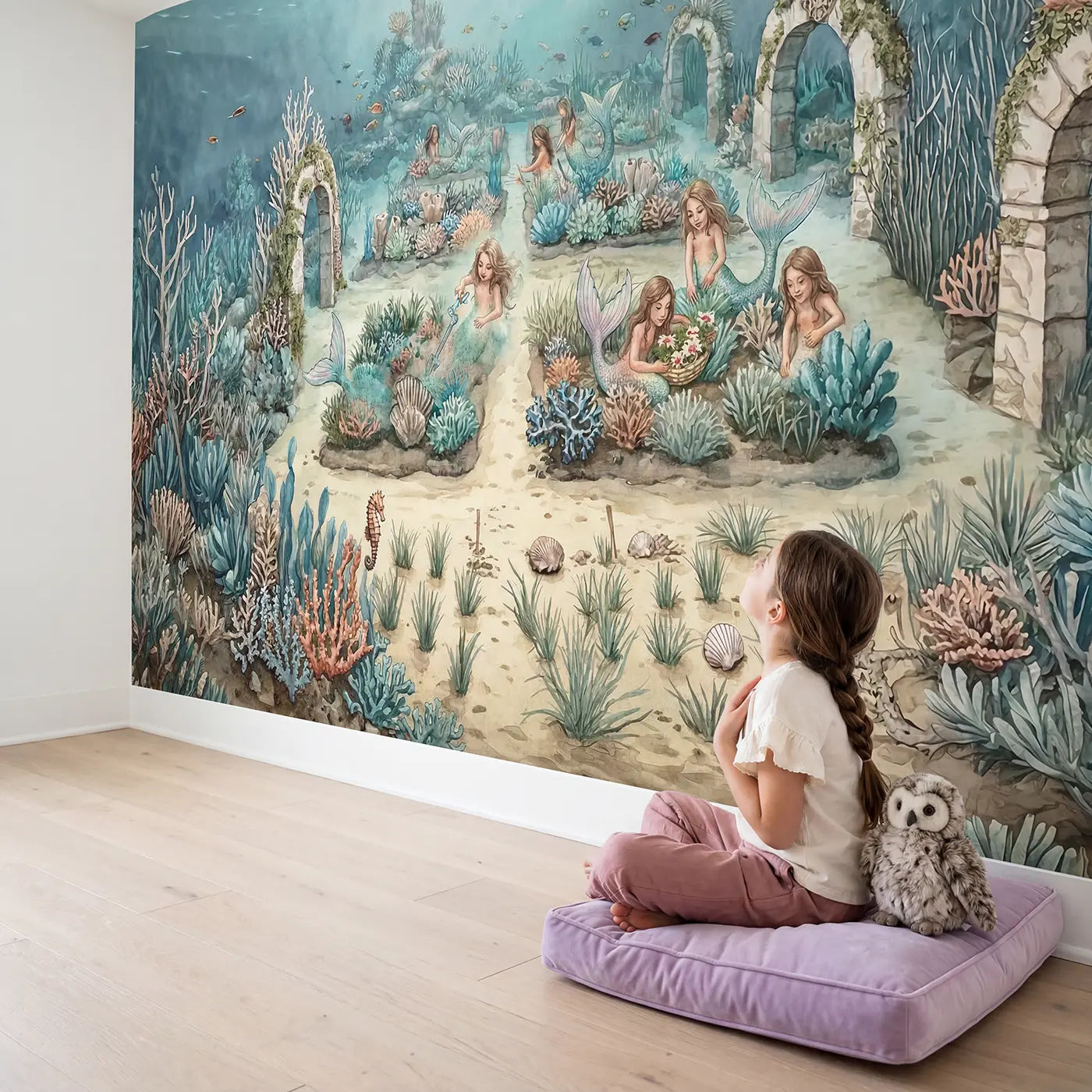 Child in nursery with Mermaid Reef Garden Wallpaper Mural by Whimsy Tots
